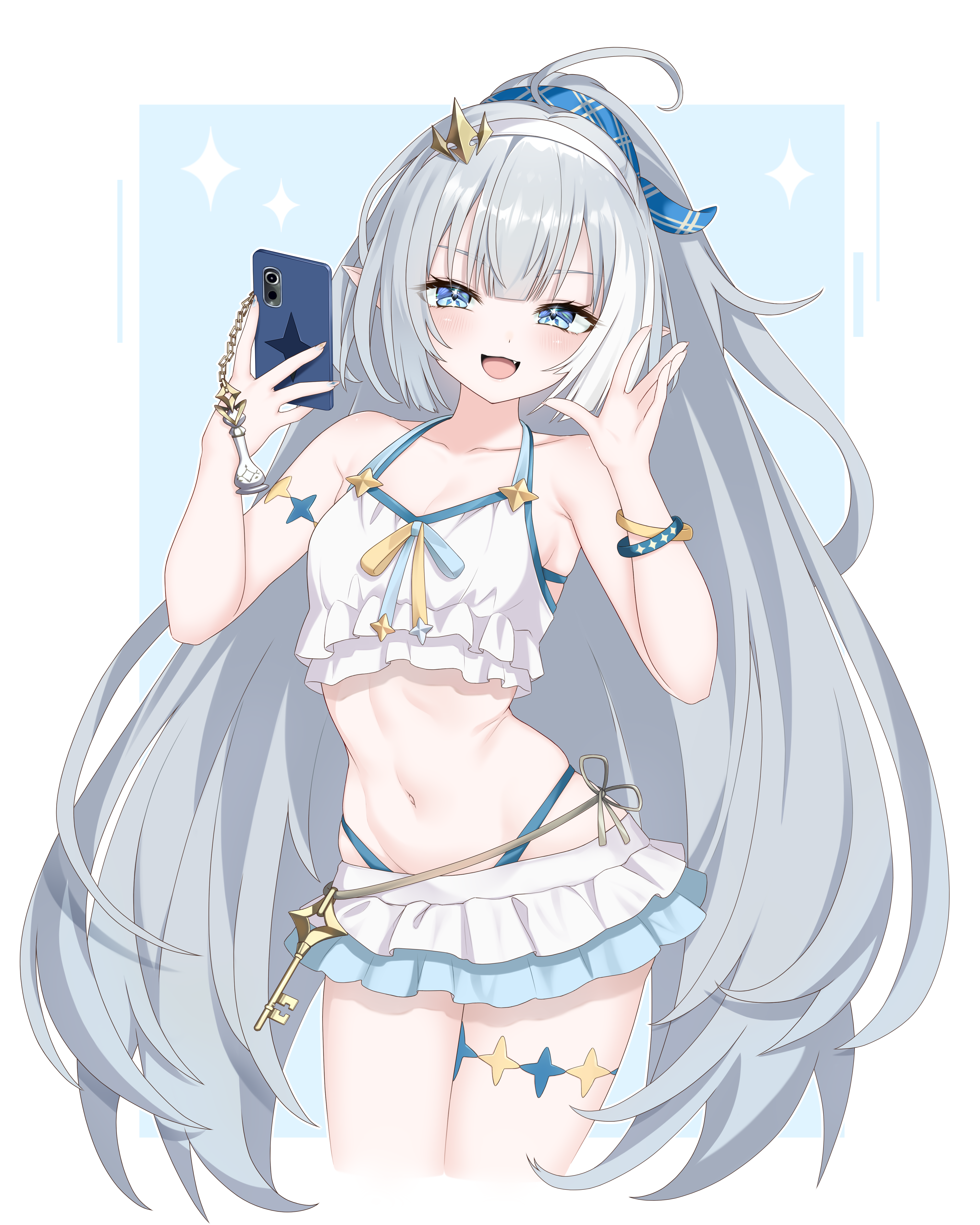 chicami, female tyrant (stella sora), female tyrant (swimsuit) (stella sora), tyrant (stella sora), stella sora, absurdres, commentary request, highres, 1girl, ahoge, bare arms, bare legs, bare shoulders, between legs, bikini, bikini skirt, blue eyes, blush, bow, breasts, cellphone, cleavage, closed mouth, collarbone, frilled bikini, frills, hair ribbon, hairband, halterneck, hand between legs, heart, holding, holding phone, long hair, looking at viewer, medium breasts, midriff, navel, official alternate costume, phone, pointy ears, ponytail, ribbon, smartphone, smile, solo, stomach, string bikini, swimsuit, thighs, very long hair, white bikini, white hair