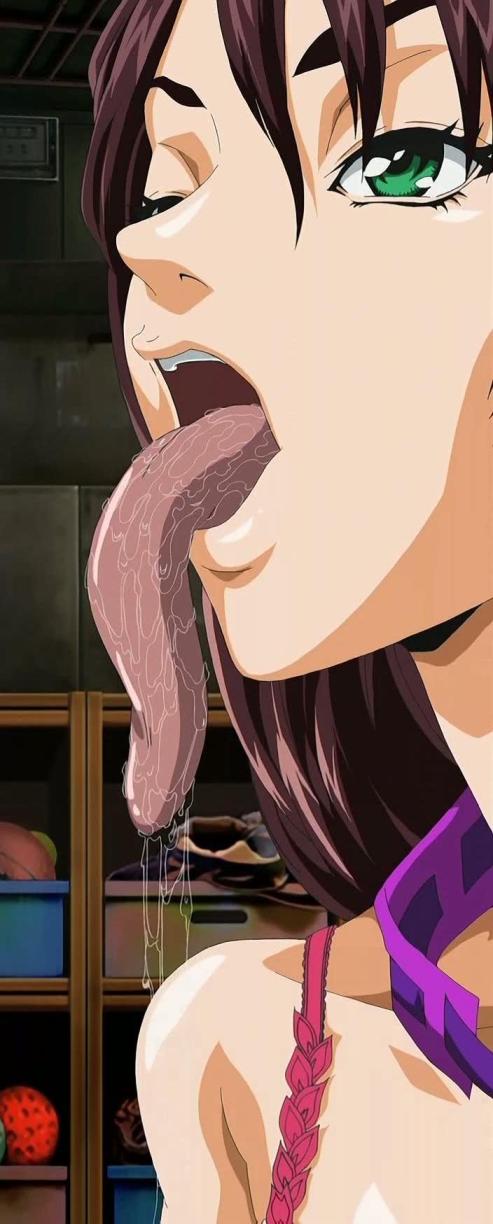 seto yuuki, ruma, stretta, stringendo & accelerando & stretta, interior, highres, 00s, 1girl, brown hair, female focus, green eyes, gym storeroom, indoors, long hair, long tongue, saliva, solo, tongue, tongue out