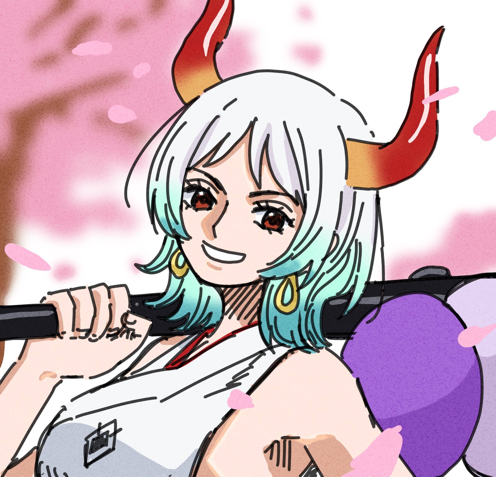 inu draw, yamato (one piece), one piece, commentary request, highres, 1girl, aqua hair, club, club (weapon), eyelashes, falling petals, holding, holding weapon, horns, japanese clothes, kanabou, kimono, medium hair, petals, rope, shimenawa, sidelocks, sleeveless, sleeveless kimono, smile, solo, upper body, weapon, white hair, white kimono