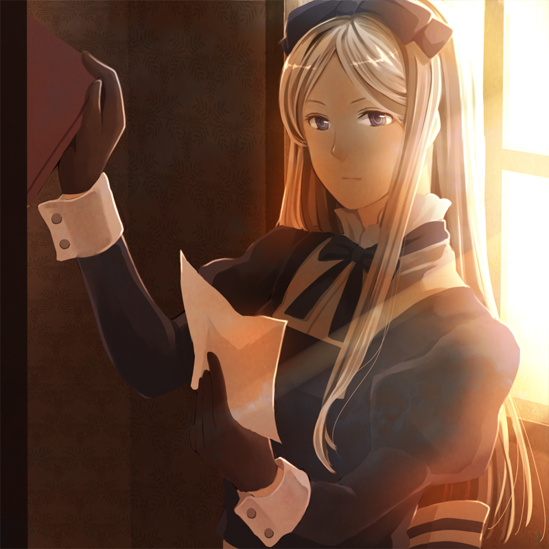 towa (pixiv), belarus (hetalia), axis powers hetalia, bad id, bad pixiv id, black gloves, blue eyes, book, bow, dress, gloves, grey hair, hair ribbon, headband, light rays, long hair, paper, ribbon, solo, sunbeam, sunlight, wrist cuffs