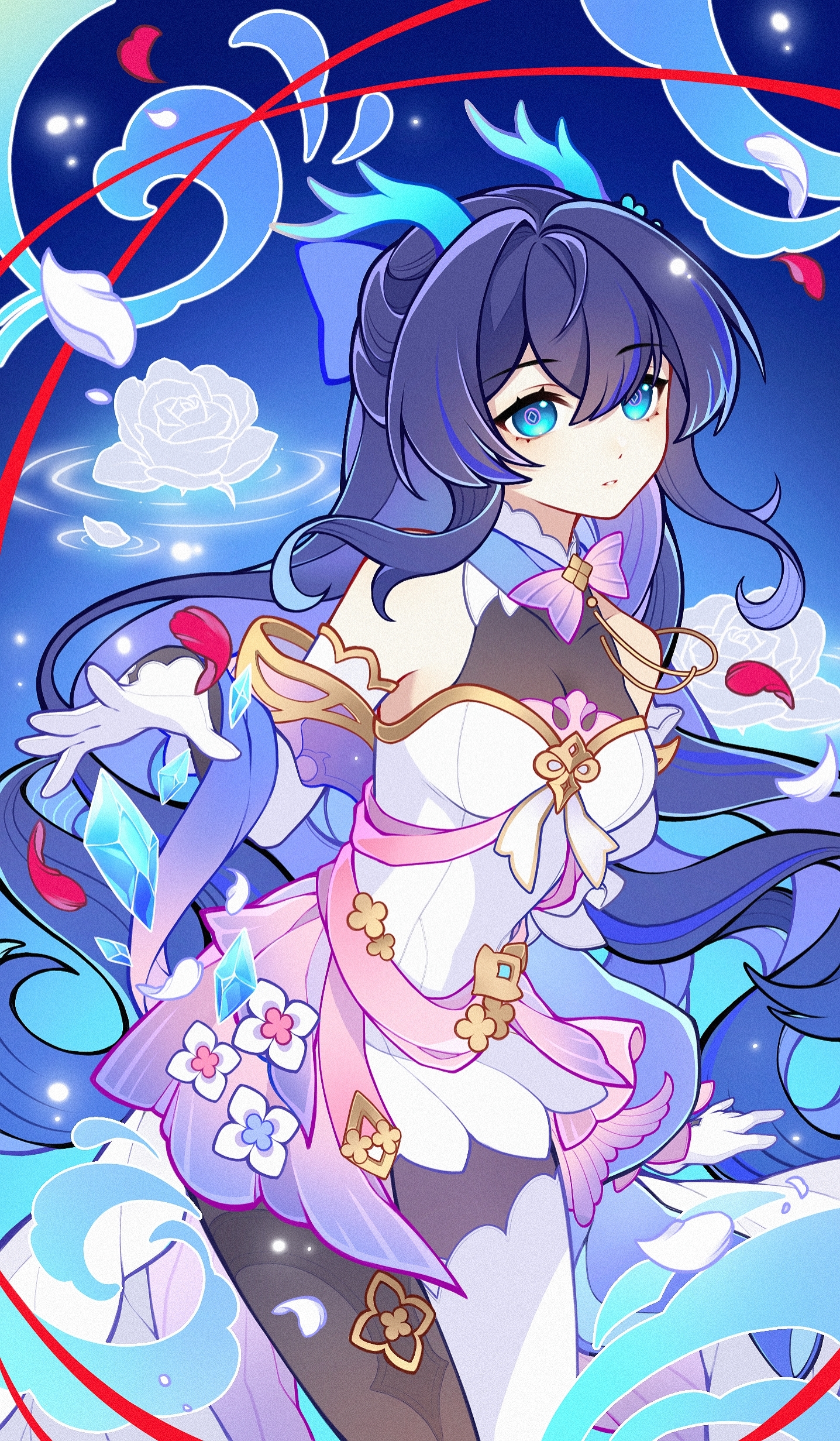 original, absurdres, chinese commentary, commentary request, highres, 1girl, bare shoulders, black hair, blue eyes, blue hair, bow, breasts, closed mouth, diamond-shaped pupils, diamond (gemstone), diamond (shape), dragon horns, dress, eastern dragon horns, flower, genius invokation tcg (style), gloves, hair between eyes, horns, long hair, looking at viewer, multicolored hair, pantyhose, petals, solo, streaked hair, symbol-shaped pupils, thighhighs, white dress, white flower, white gloves