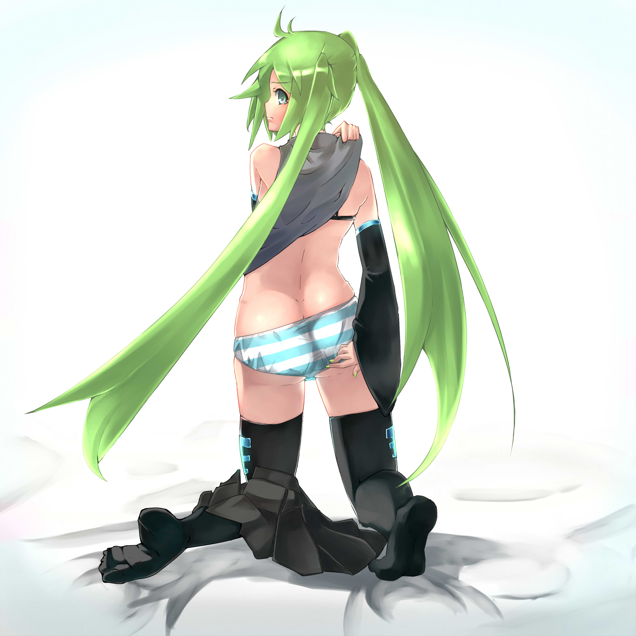derurittoru, sasaharu, hatsune miku, vocaloid, highres, 1girl, aqua eyes, aqua hair, ass, bad anatomy, bad feet, butt crack, female focus, long hair, panties, poorly drawn, skirt, solo, striped clothes, striped panties, thighhighs, twintails, underwear, very long hair