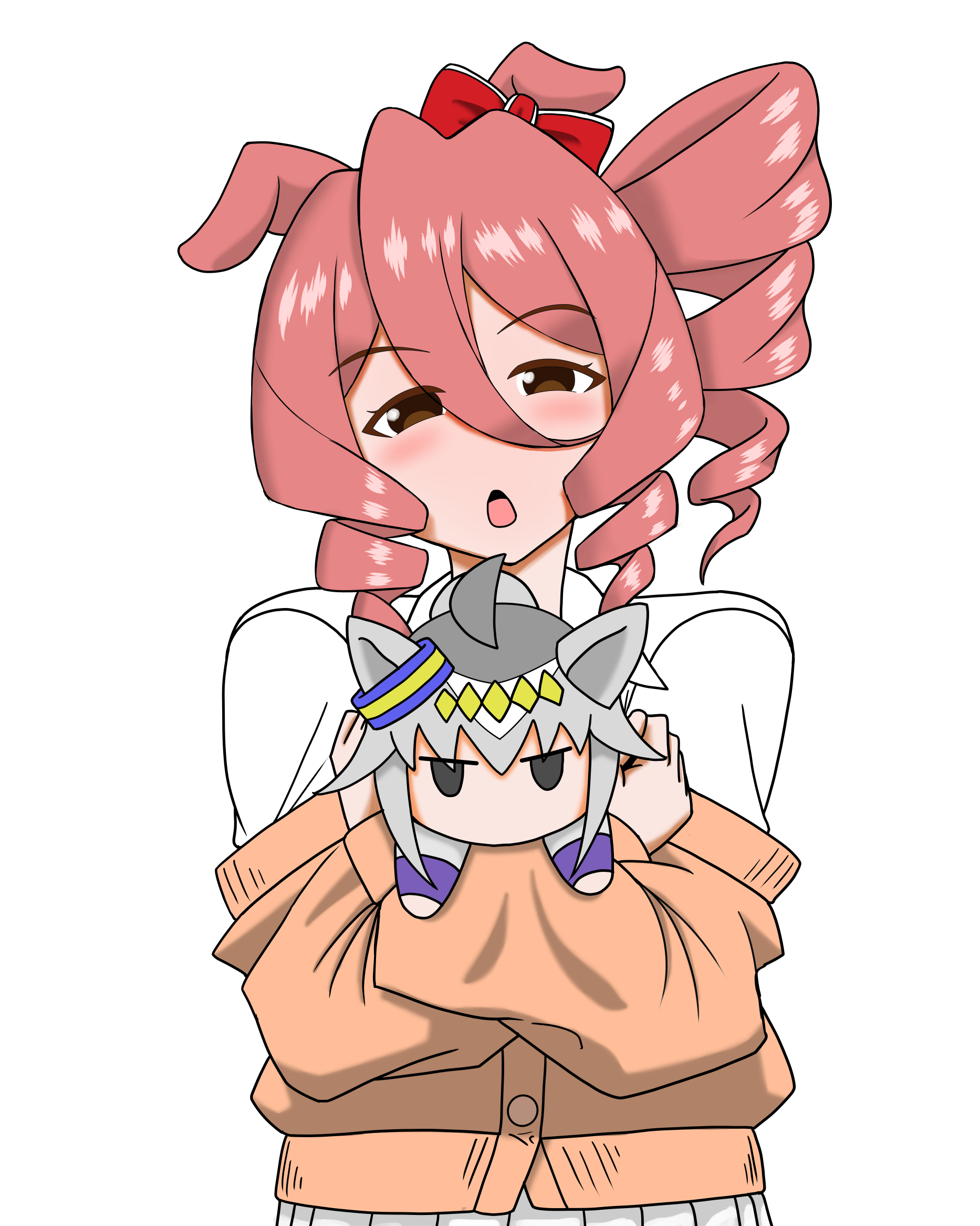 norn ace (umamusume), oguri cap (umamusume), umamusume, umamusume: cinderella gray, commentary, highres, 1girl, animal ears, blush, bow, brown cardigan, brown eyes, brown hair, cardigan, character doll, doll, dress shirt, drill hair, drill sidelocks, ear bow, half-closed eyes, holding, holding doll, horse ears, horse girl, igouichigata, kasamatsu tracen training uniform, light frown, long sleeves, looking at viewer, off shoulder, open mouth, pleated skirt, shirt, side drill, sidelocks, simple background, skirt, solo, upper body, white background, white shirt, white skirt