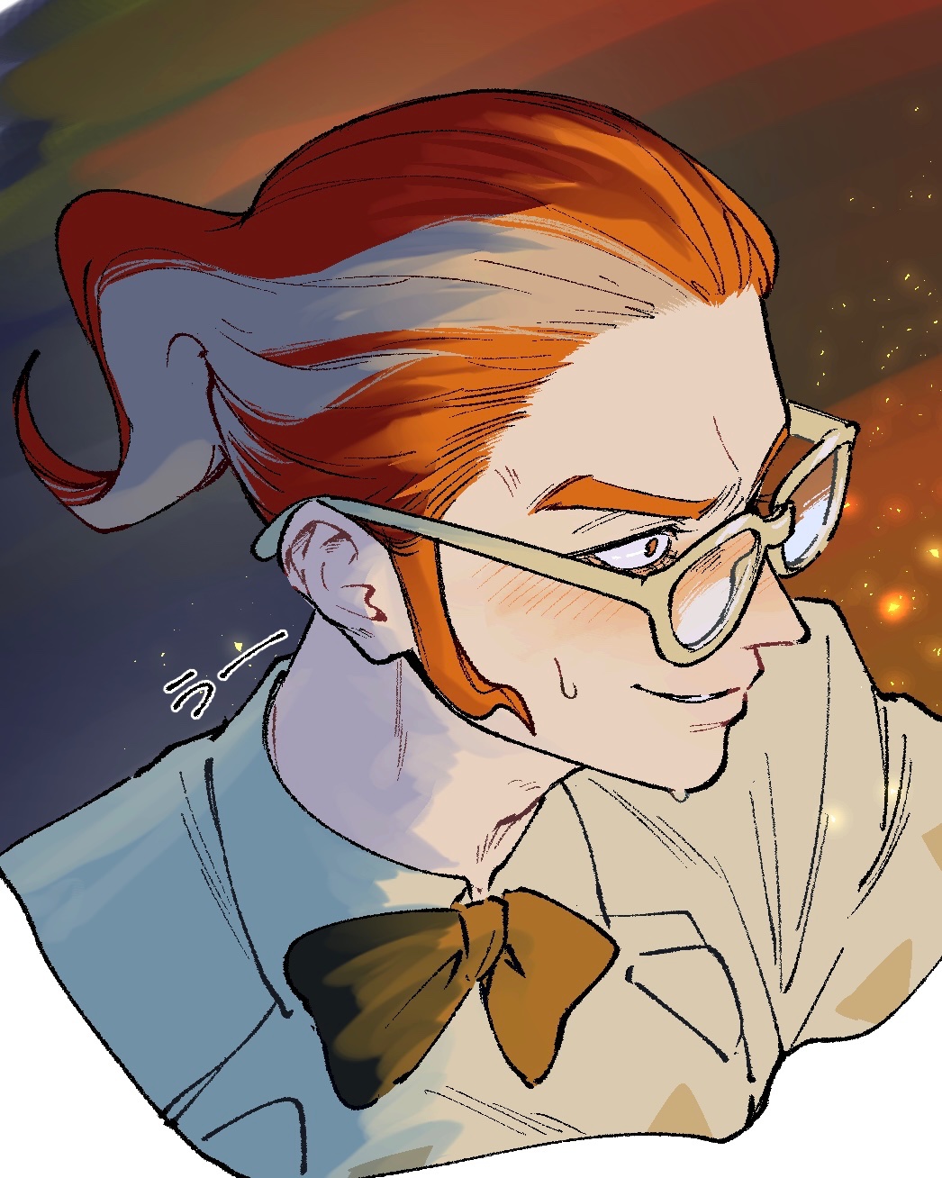 oshiyoarigato, grisham (pokemon), nintendo, pokemon, pokemon legends: z-a, commentary request, highres, 1boy, black bow, black bowtie, bow, bowtie, collared shirt, cropped shoulders, glasses, male focus, parted lips, ponytail, red eyes, red hair, shirt, sideburns, smile, solo, sweat, white-framed eyewear, white hair, white shirt, wide-eyed