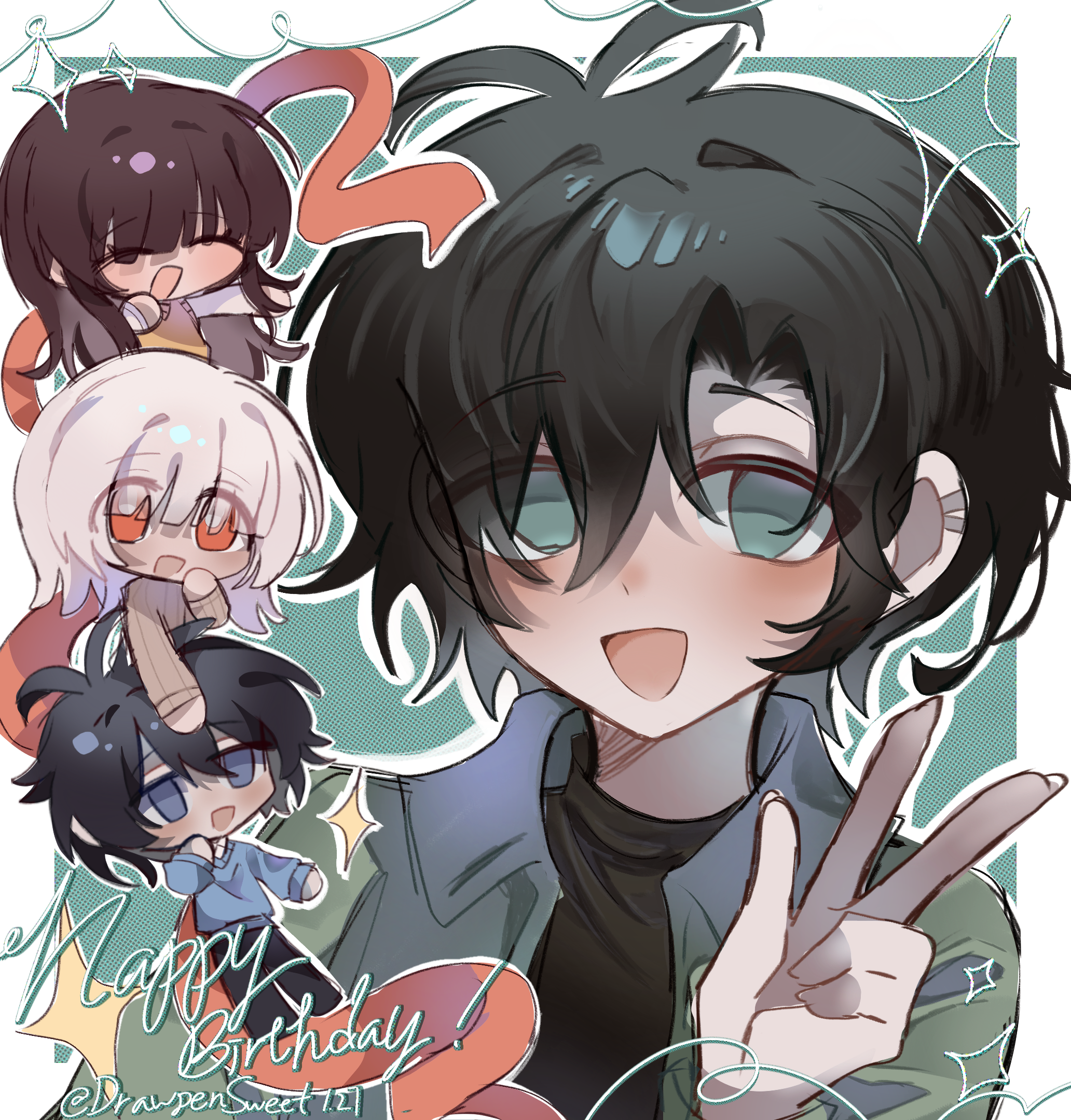 akinashi haru, tatsunami shion, saihate eki, chinese commentary, commentary request, highres, 1girl, 3boys, :d, akinashi natsuki, black hair, blue eyes, blue shirt, brown hair, brown sweater, chibi, chibi inset, closed eyes, drapensweet1102, green eyes, green shirt, happy birthday, long hair, looking at viewer, multiple boys, open mouth, portrait, red eyes, shirt, smile, solo focus, sweater, tenjiku aoi, w