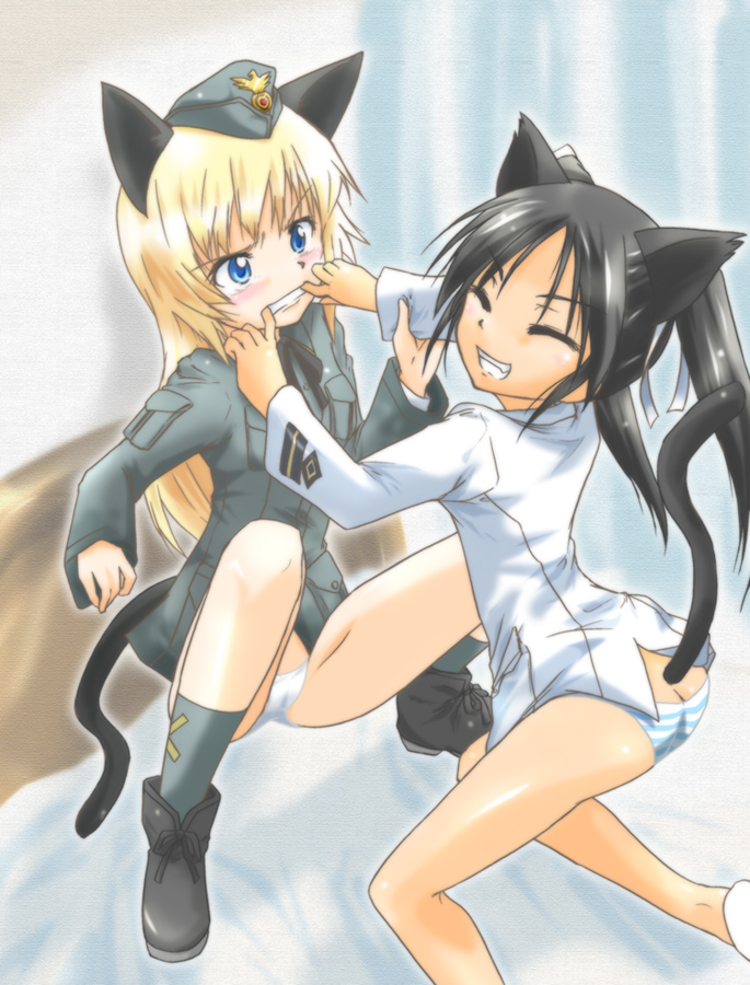 urutsu sahari, francesca lucchini, helma lennartz, strike witches, strike witches: suomus misfits squadron, world witches series, 2girls, animal ears, black hair, blonde hair, cat ears, cat tail, happy, hat, military, military uniform, multiple girls, panties, tail, underwear
