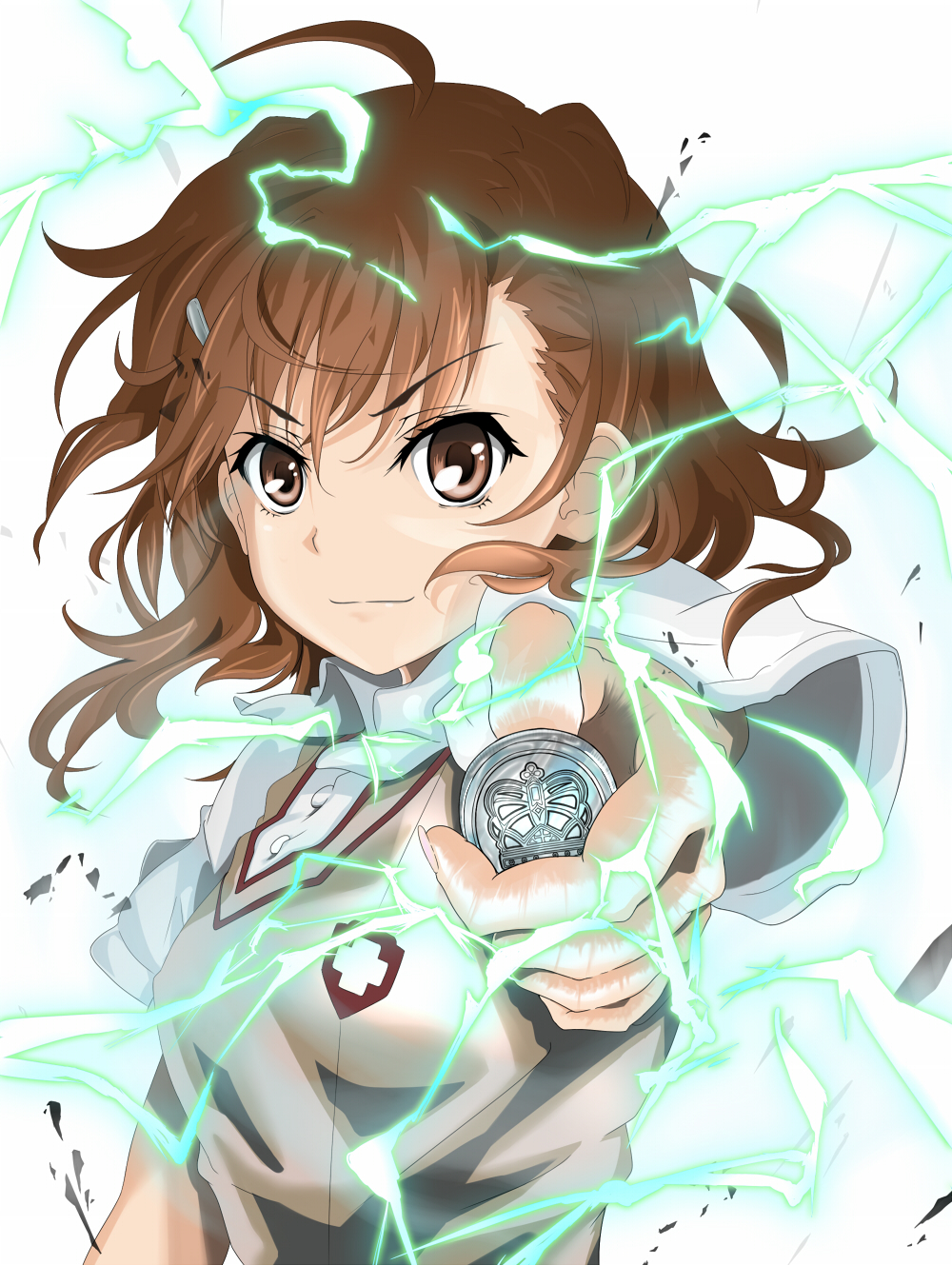 wafoo, misaka mikoto, toaru kagaku no railgun, toaru majutsu no index, highres, 1girl, aiming, aiming at viewer, brown eyes, brown hair, coin, electricity, electrokinesis, female focus, hair ornament, hairclip, school uniform, short hair, solo, sweater vest, vest, white background