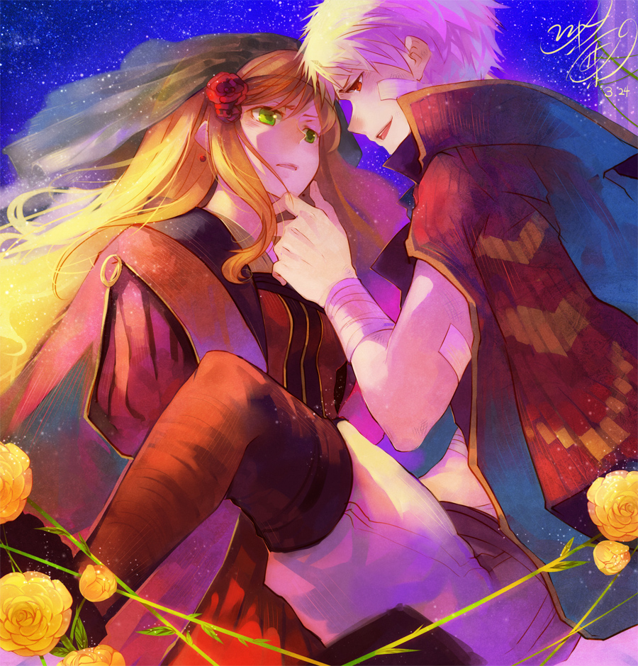 minatsume, hungary (hetalia), prussia (hetalia), axis powers hetalia, bandages, brown hair, cape, dress, earrings, flower, green eyes, grey hair, hair flower, hair ornament, headdress, jewelry, night, red eyes, rose, star (symbol)