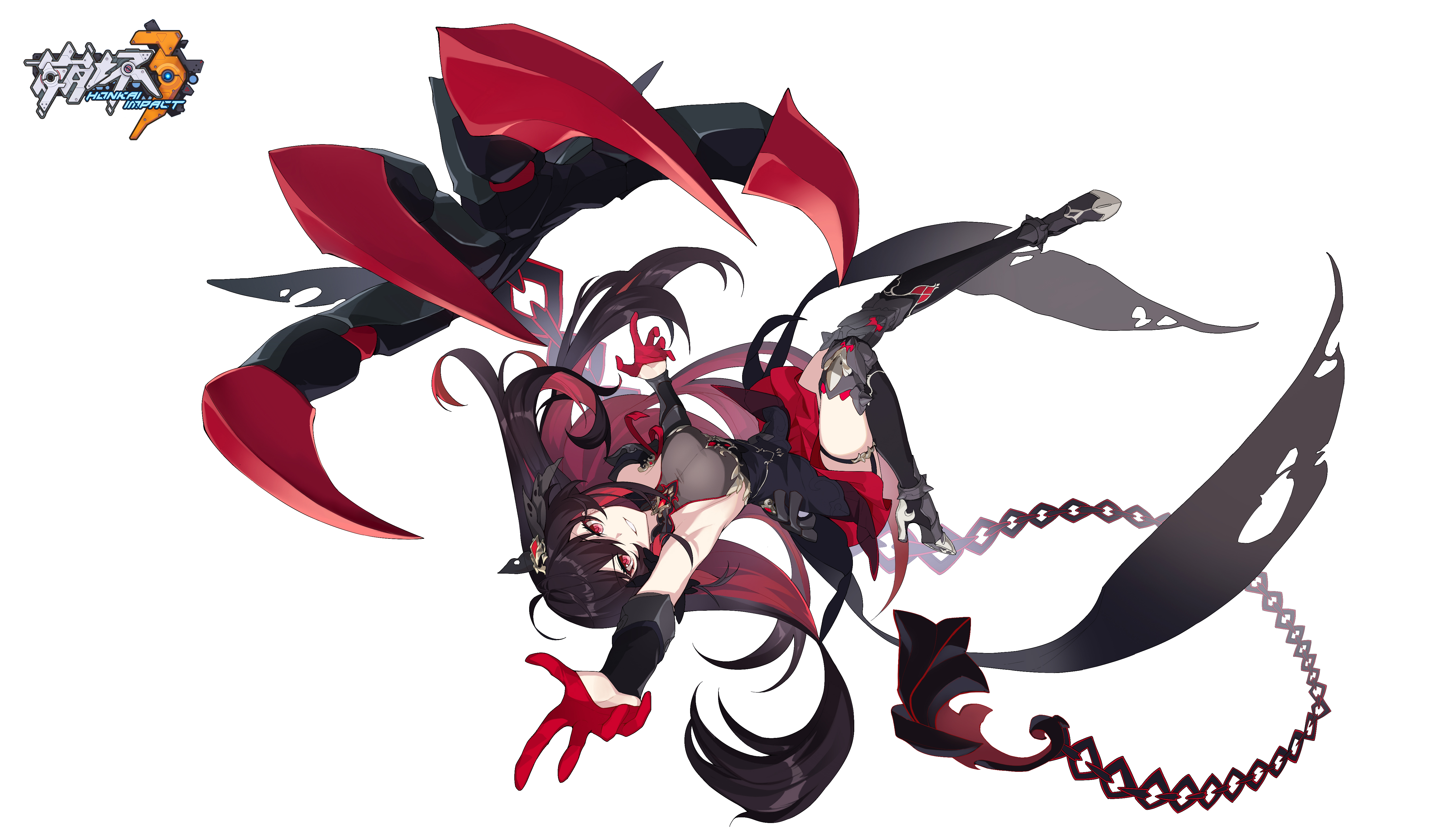 diudiulang, seele (alter ego), seele vollerei, seele vollerei (starchasm nyx), honkai (series), honkai impact 3rd, absurdres, chinese commentary, commentary request, highres, 1girl, black dress, black hair, black thighhighs, breasts, chain, claws, copyright logo, dress, gloves, grin, large breasts, logo, long hair, looking at viewer, multicolored hair, red eyes, red gloves, red hair, simple background, smile, solo, thighhighs, two-tone hair, very long hair, white background