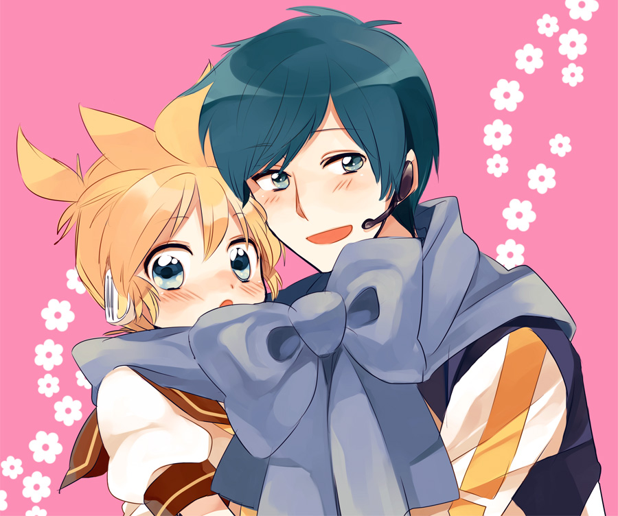 amezawa koma, kagamine len, kaito (vocaloid), vocaloid, bad id, bad pixiv id, 2boys, blonde hair, blue eyes, blue hair, blue scarf, blush, bow, headphones, headset, male focus, multiple boys, pink background, scarf, shared clothes, shared scarf, simple background, smile, upper body