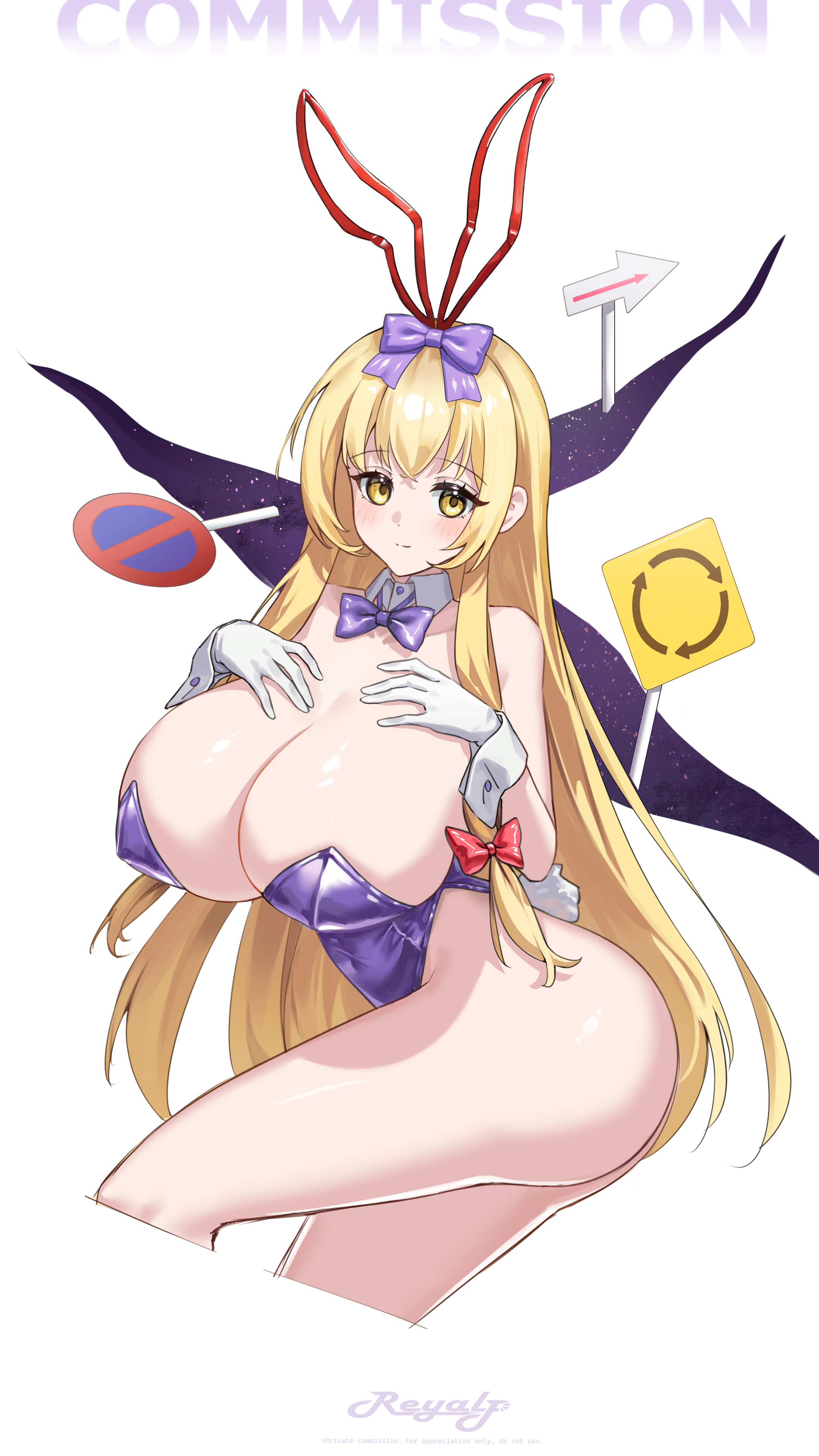 reyalp, yakumo yukari, touhou, absurdres, commentary, commission, highres, 1girl, animal ears, artist name, ass, blonde hair, blush, bow, bowtie, breasts, closed mouth, collar, fake animal ears, fake tail, gap (touhou), gloves, hair ribbon, hands on own chest, huge breasts, leotard, light smile, long hair, playboy bunny, purple bow, purple bowtie, purple leotard, rabbit ears, rabbit tail, ribbon, road sign, sign, solo, tail, thighs, very long hair, white gloves, yellow eyes