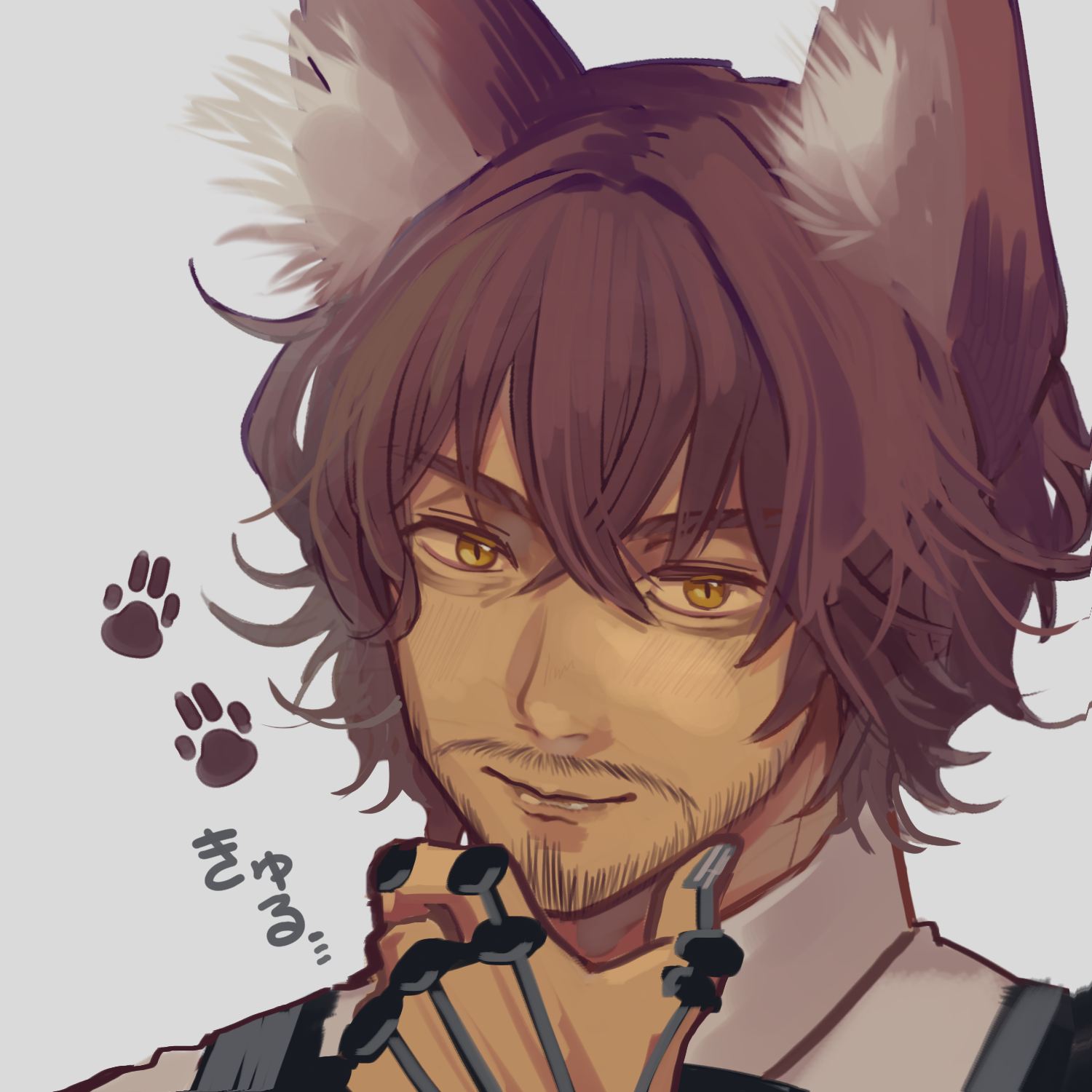 jonas (gnosia), gnosia, commentary request, highres, 1boy, animal ear fluff, animal ears, beard stubble, brown hair, crossed bangs, dark-skinned male, dark skin, facial hair, grey background, looking at viewer, male focus, nime kitajima, paw print, portrait, short hair, simple background, slit pupils, smile, solo, splint, stubble, wolf boy, wolf ears, yellow eyes
