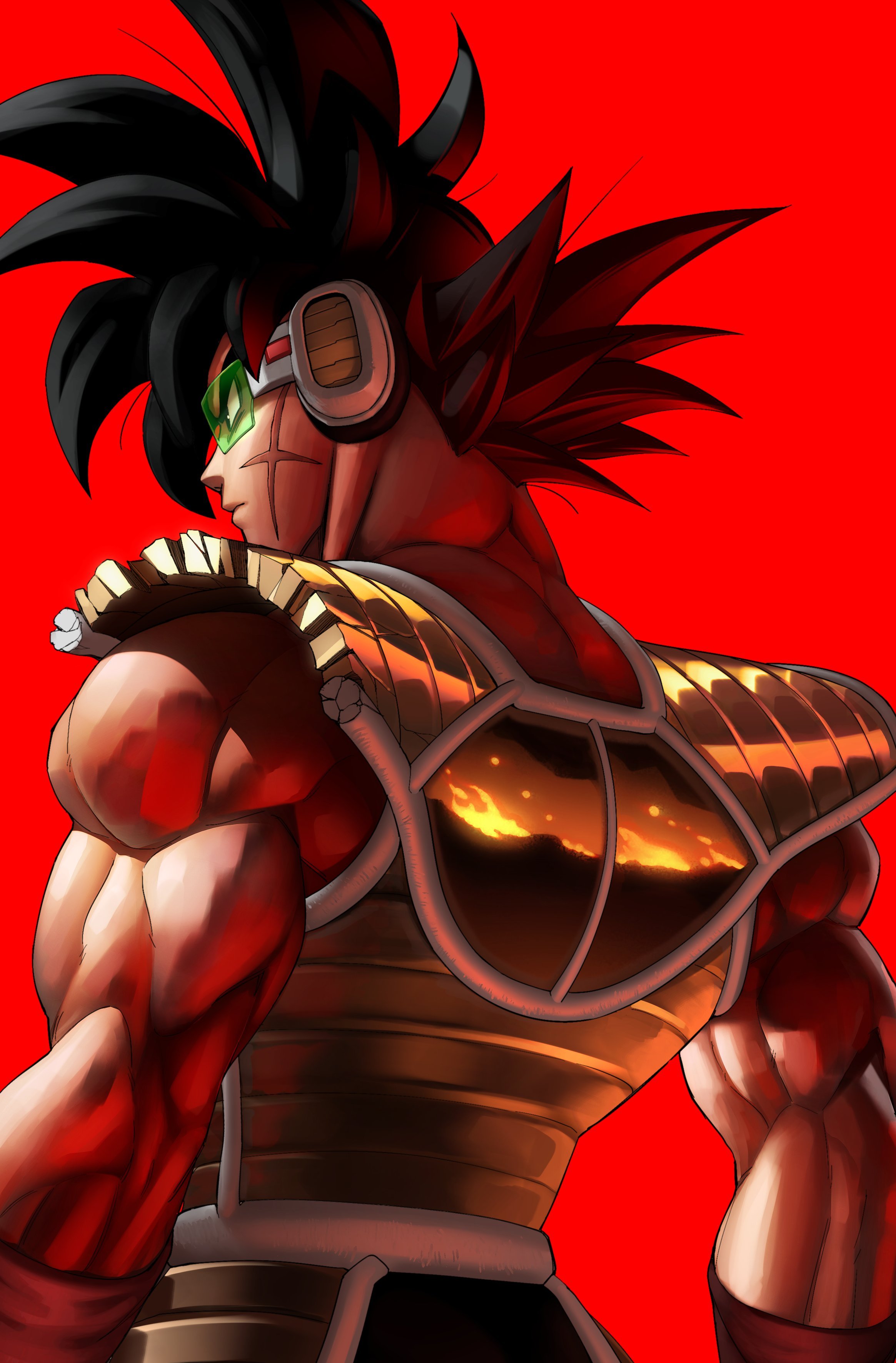 easterhands, bardock, dragon ball, dragonball z, absurdres, commentary, highres, 1boy, armor, biceps, black eyes, black hair, broken armor, closed mouth, cross scar, facial scar, from side, male focus, muscular, muscular male, profile, red background, reflection, saiyan, saiyan armor, scar, scar on cheek, scar on face, scouter, simple background, solo, spiked hair, triceps, upper body