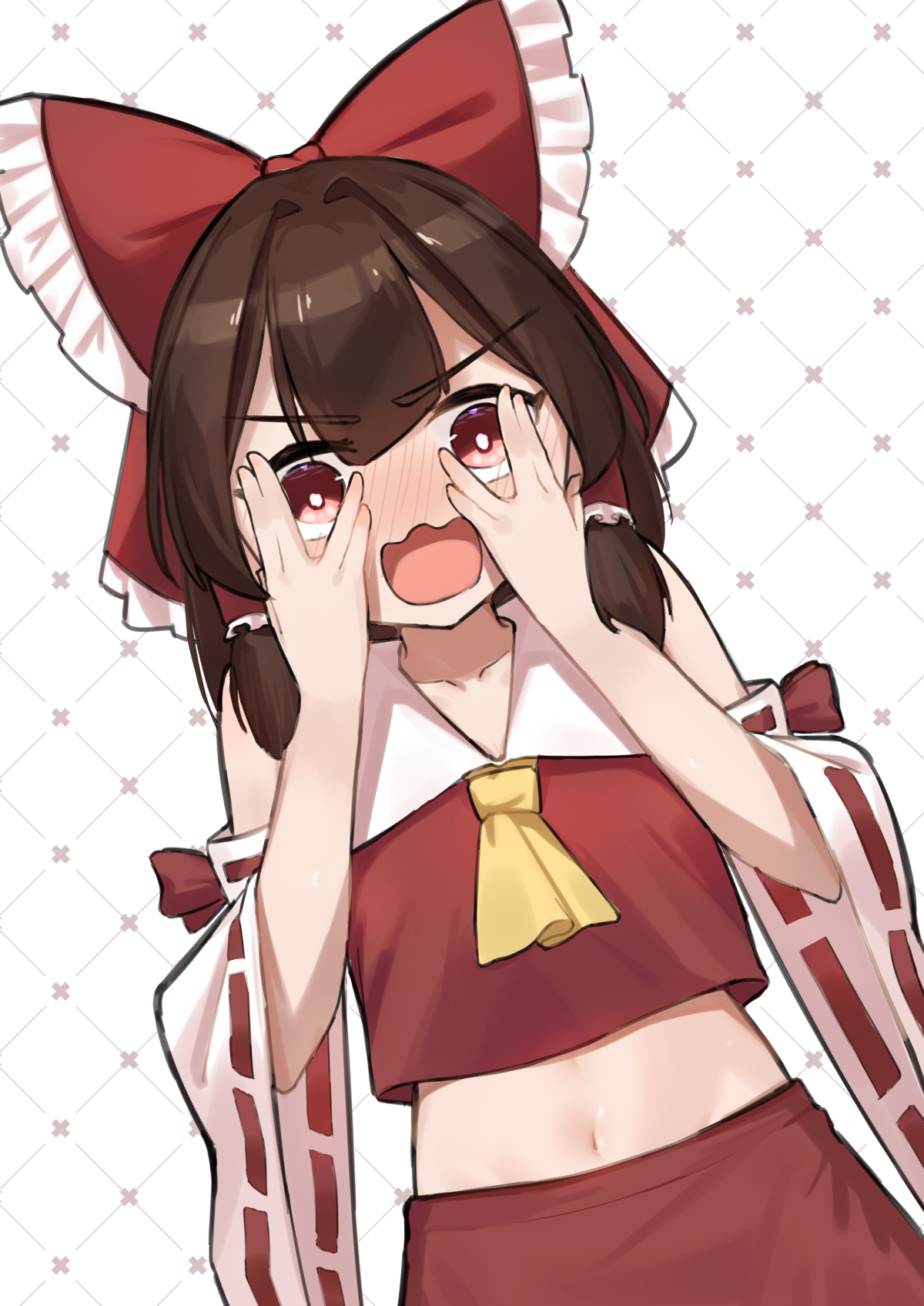 mayosizu, hakurei reimu, touhou, commentary, highres, 1girl, ascot, bare shoulders, blush, bow, brown hair, collarbone, covering face, detached sleeves, embarrassed, hair tubes, looking at viewer, medium hair, midriff, navel, nose blush, open mouth, red bow, red eyes, red shirt, red skirt, shirt, skirt, sleeveless, sleeveless shirt, solo, wavy mouth, yellow ascot