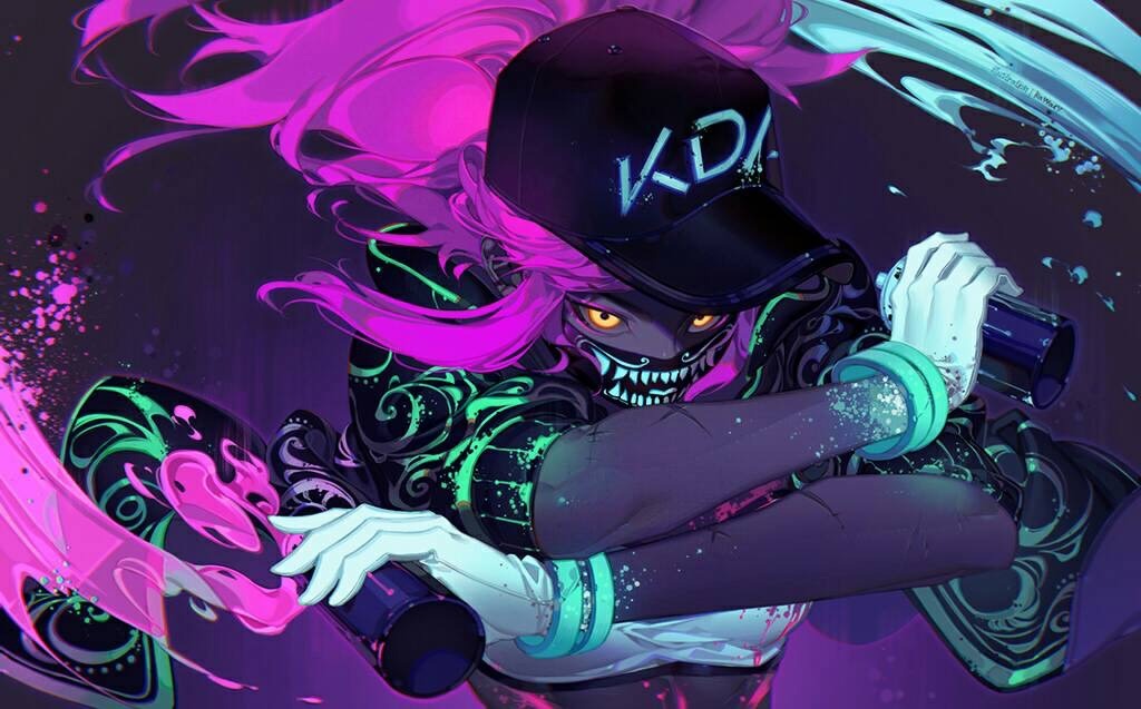 kawacy, akali, k/da (league of legends), k/da akali, league of legends, commentary request, duplicate, 1girl, baseball cap, dual wielding, gloves, hat, holding, idol, jacket, long hair, mask, mouth mask, paint splatter, pink hair, raver, sleeves pushed up, solo, spray paint, ultraviolet light, white gloves, yellow eyes