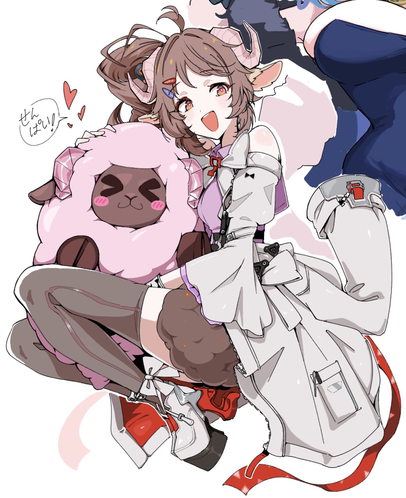 uni gyoza, ardelia (arknights), eyjafjalla (arknights), arknights, arknights: endfield, commentary request, highres, 1girl, ahoge, animal ears, bare shoulders, black thighhighs, boots, high heel boots, high heels, holding, horns, open mouth, orange eyes, sheep, sheep ears, sheep girl, sheep horns, side ponytail, simple background, solo, thighhighs, white background