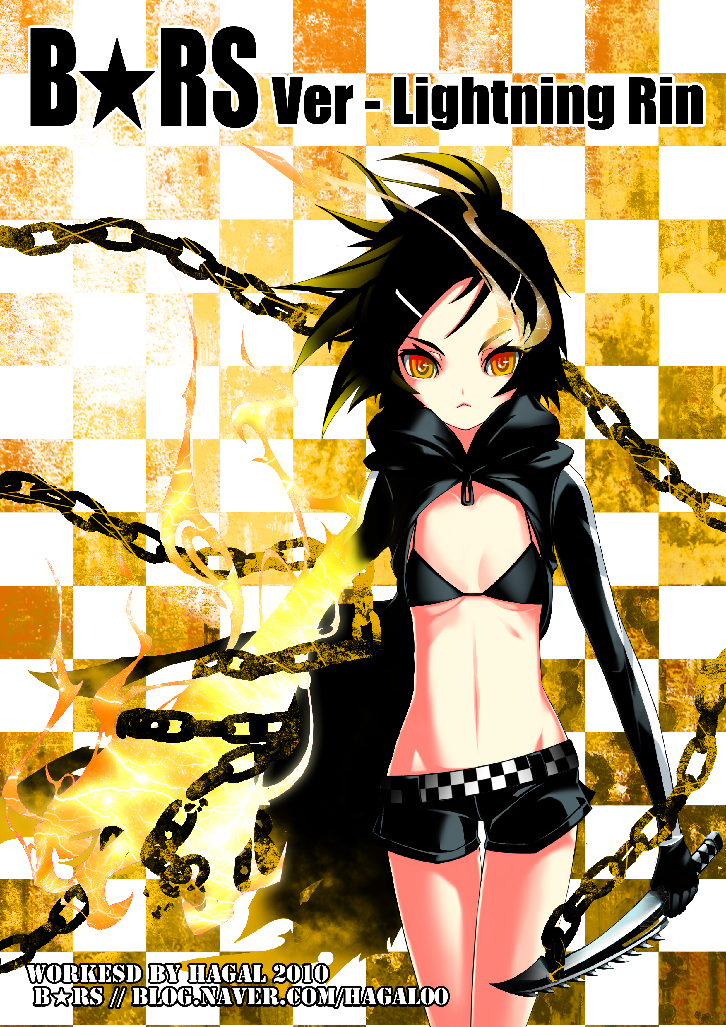 hagal, black rock shooter (character), kagamine rin, black rock shooter, vocaloid, absurdres, bad id, bad pixiv id, highres, bikini, bikini top only, black hair, black rock shooter (cosplay), bra, chain, cosplay, glowing, glowing eyes, hair ornament, hairclip, lingerie, midriff, navel, short hair, shorts, solo, swimsuit, underwear