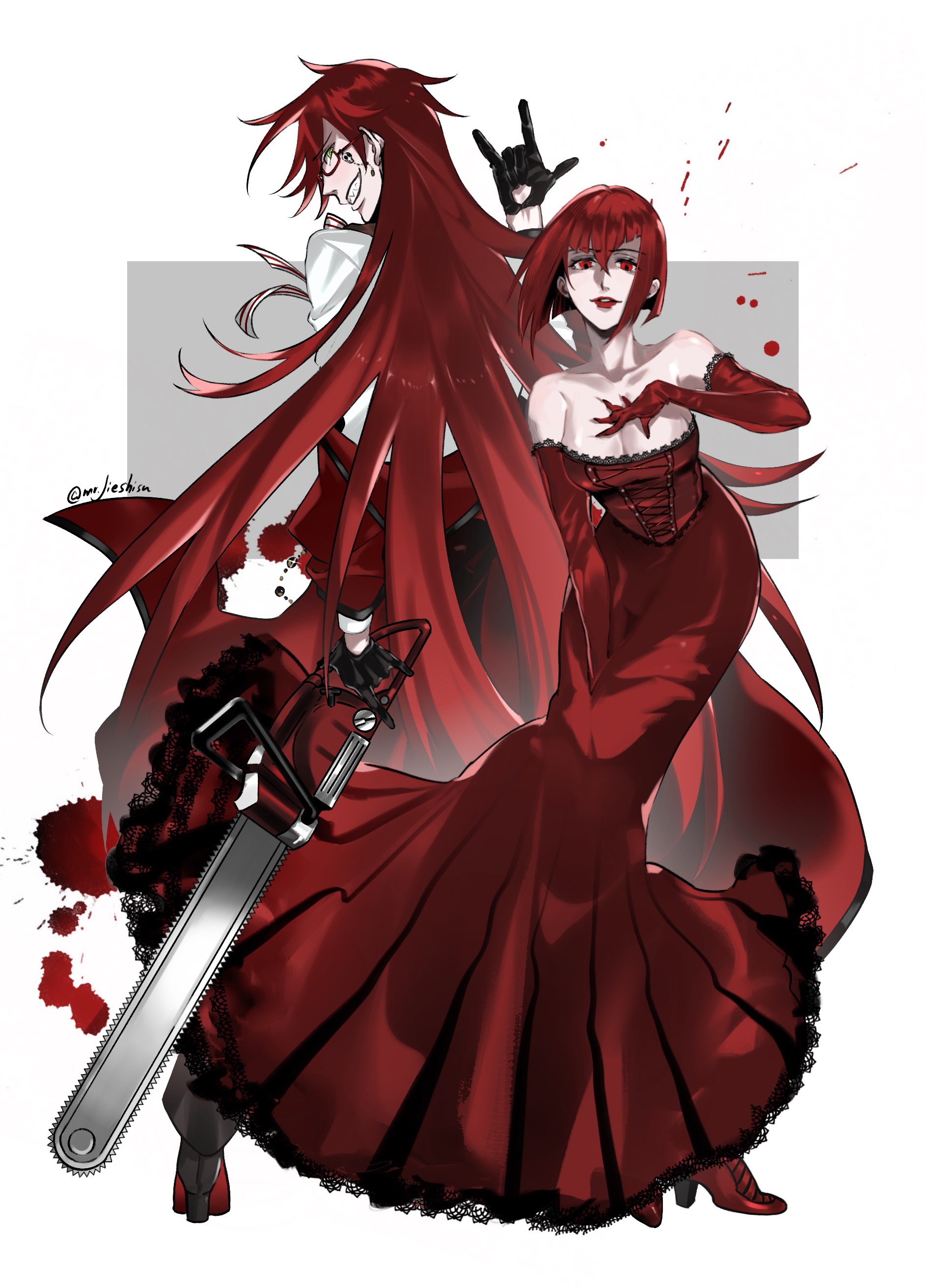mrjieshisu, grell sutcliff, madam red, kuroshitsuji, absurdres, commentary, english commentary, highres, 1boy, 1girl, bare shoulders, black gloves, blood, blood splatter, bob cut, breasts, cleavage, coat, dress, full body, glasses, gloves, high heels, holding, holding weapon, long hair, looking back, red coat, red dress, red eyes, red hair, strapless, strapless dress, twitter username, weapon