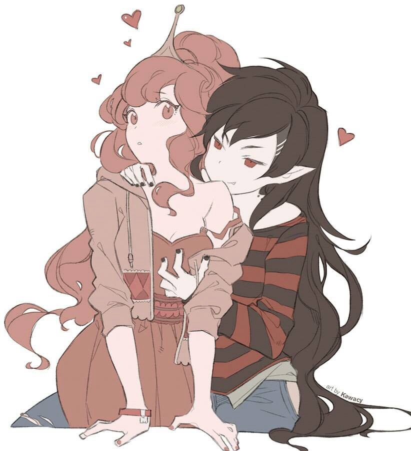 kawacy, marceline abadeer, princess bonnibel bubblegum, adventure time, commentary, duplicate, english commentary, photoshop (medium), 2girls, animification, artist name, bite mark, black hair, black nails, colored skin, fang, flat color, grabbing another's breast, grey skin, groping, heart, jacket, light blush, long hair, looking at viewer, multiple girls, nail polish, off shoulder, official alternate costume, official alternate hairstyle, pink eyes, pink hair, pink nails, pink skin, pointy ears, princess bonnibel bubblegum (what was missing), red eyes, shirt, smile, strap slip, striped clothes, striped shirt, tiara, vampire, very long hair, white background, wristband, yuri