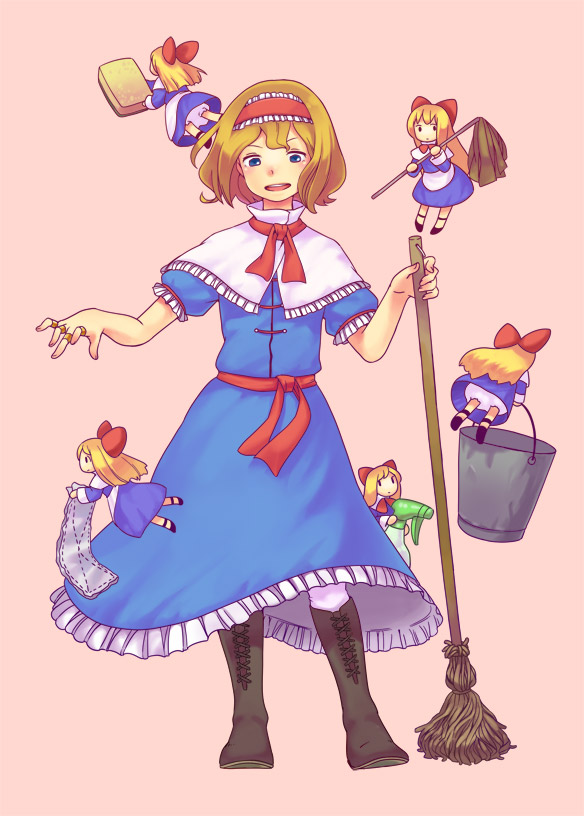 ebi (daidalwave), alice margatroid, shanghai doll, touhou, bad id, bad pixiv id, 6+girls, blonde hair, blue eyes, bottle, bucket, cleaning, cleaning rag, doll, duster, female focus, full body, hairband, mop, multiple girls, open mouth, short hair, simple background, solo, sponge, spray bottle, standing