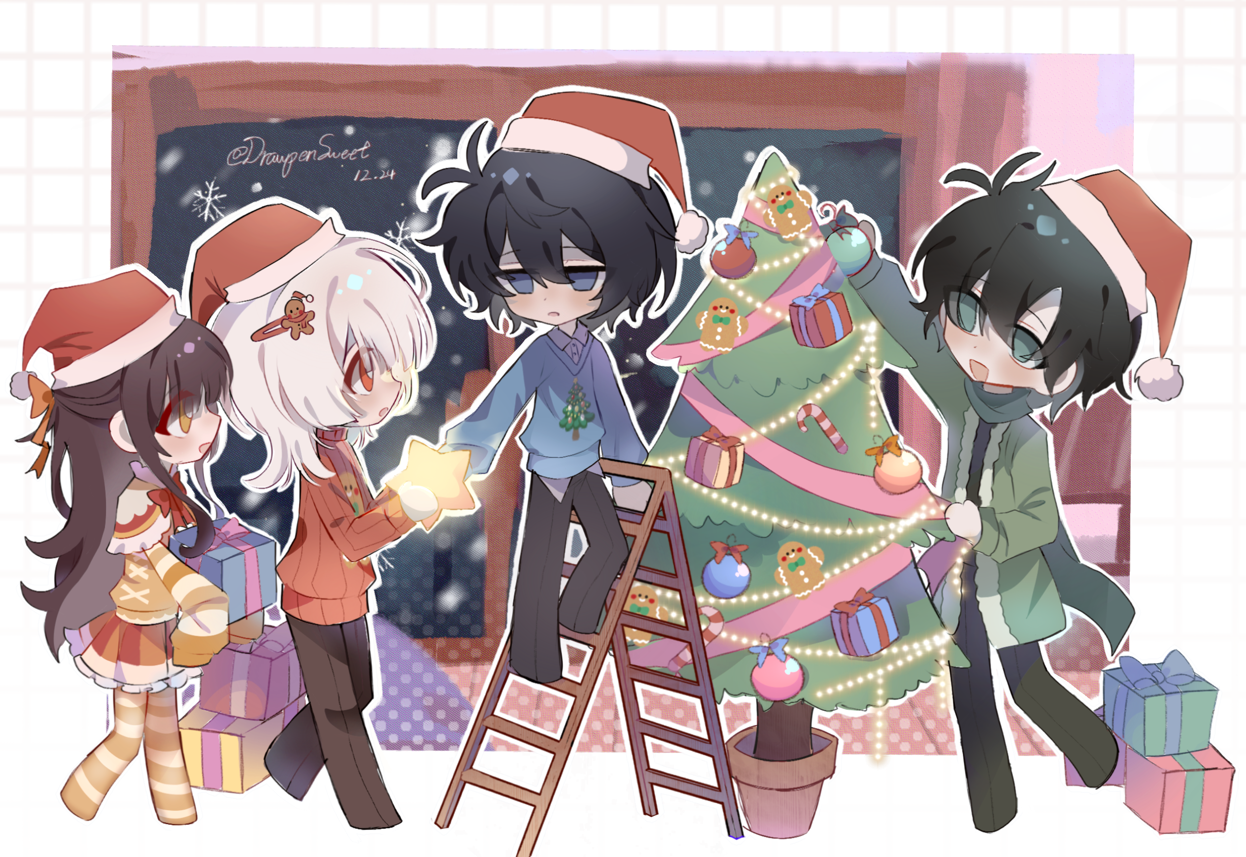 akinashi haru, tatsunami shion, saihate eki, highres, 1girl, 3boys, :d, akinashi natsuki, alternate costume, annoyed, black hair, blue sweater, bow, brown hair, christmas, christmas sweater, christmas tree, coat, dated, decorating christmas tree, drapensweet1102, food-themed hair ornament, from side, gift, gingerbread man hair ornament, green coat, green necktie, hair bow, hair ornament, hat, holding, holding gift, holding star, indoors, ladder, male focus, multiple boys, necktie, no feet, open mouth, orange sweater, pants, profile, red eyes, ribbed sweater, santa hat, sleeves past fingers, sleeves past wrists, smile, star (symbol), stepladder, sweater, tenjiku aoi, white hair