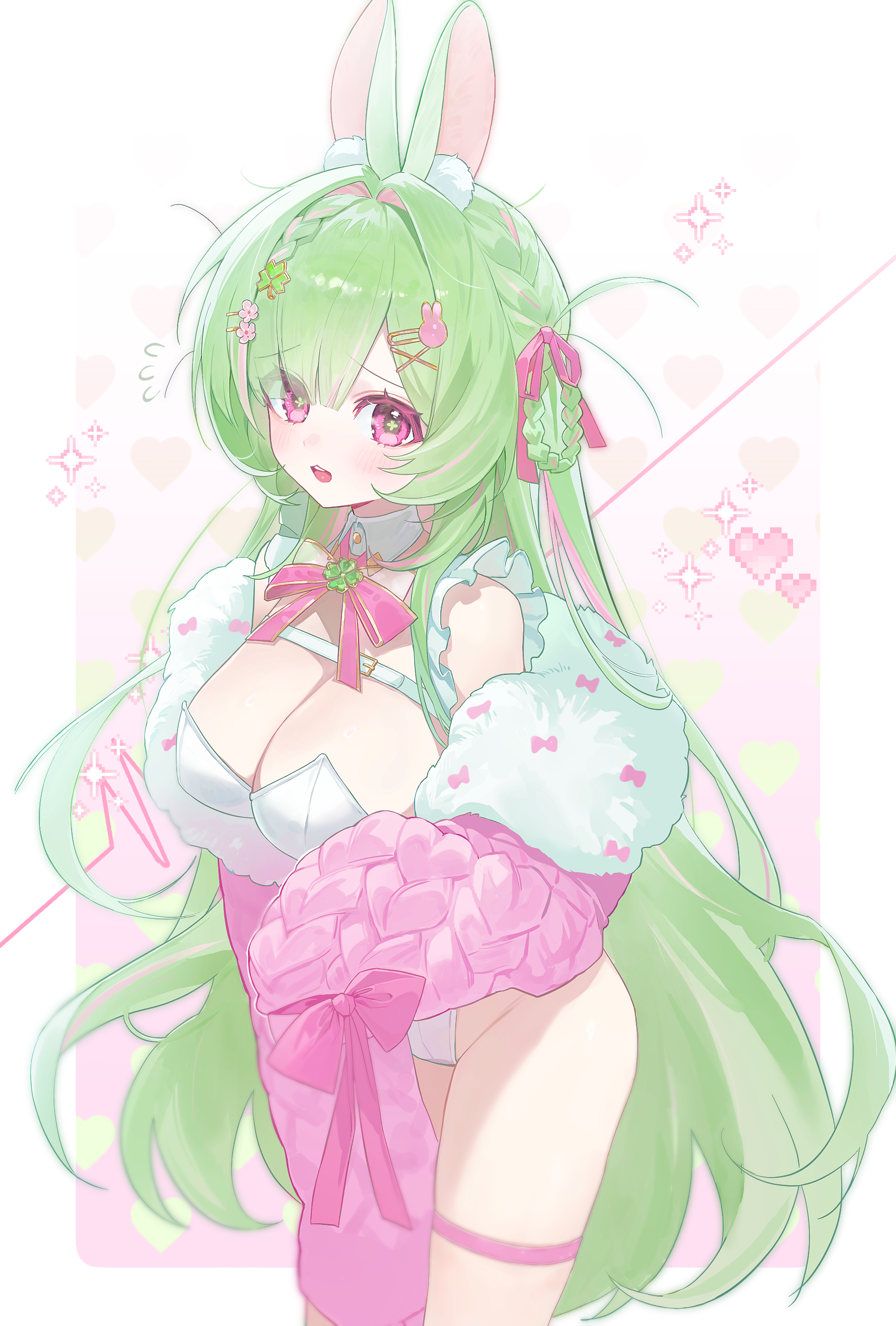 bon (bony 53), original, absurdres, commentary, highres, symbol-only commentary, 1girl, blush, bow, braid, breasts, cleavage, clover hair ornament, clover ornament, cowboy shot, cross-shaped pupils, detached collar, flower hairpin, flying sweatdrops, green hair, green pupils, hair between eyes, hair bow, hair intakes, hair ornament, hair ribbon, heart, large breasts, leotard, long hair, looking at viewer, parted lips, pink bow, pink eyes, pink straps, playboy bunny, rabbit girl, rabbit hair ornament, raised inner eyebrows, ribbon, sleeves past fingers, sleeves past wrists, sparkle, swept bangs, symbol-shaped pupils, thigh strap, thighs, very long hair, white leotard, x hair ornament