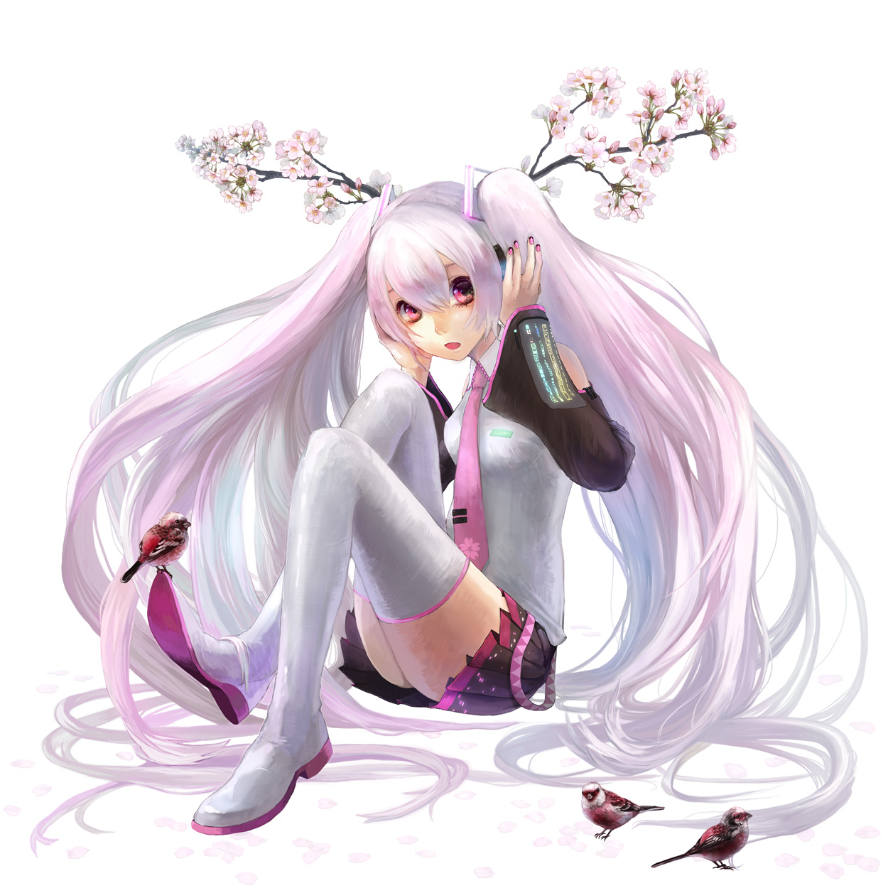 ookamiya, rowya, hatsune miku, sakura miku, vocaloid, bad id, bad pixiv id, highres, 1girl, alternate color, alternate hair color, bird, cherry blossoms, detached sleeves, female focus, flower, legs, long hair, name connection, necktie, object namesake, pink eyes, pink hair, sitting, skirt, solo, spring (season), thighhighs, twintails, very long hair, zettai ryouiki
