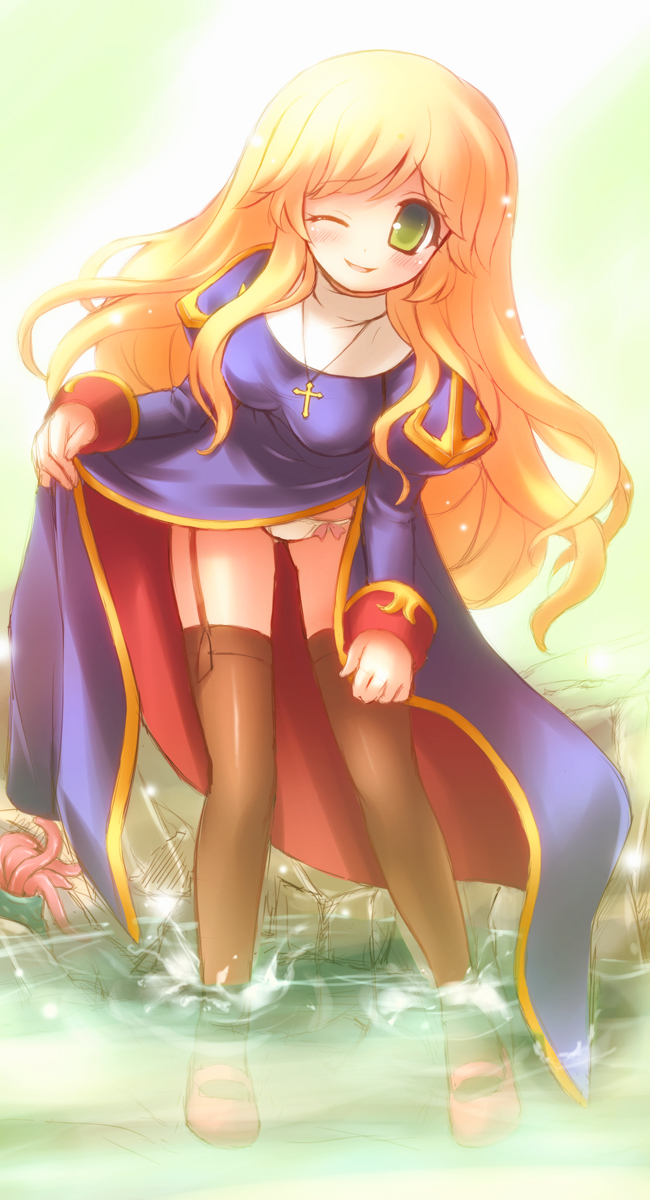 mini koala, priest (ragnarok online), ragnarok online, highres, 1girl, blonde hair, blush, bow, bow panties, breasts, clothes lift, female focus, full body, gradient background, green eyes, leaning forward, long hair, one eye closed, panties, priest, skirt, skirt lift, solo, thighhighs, underwear, water, wink