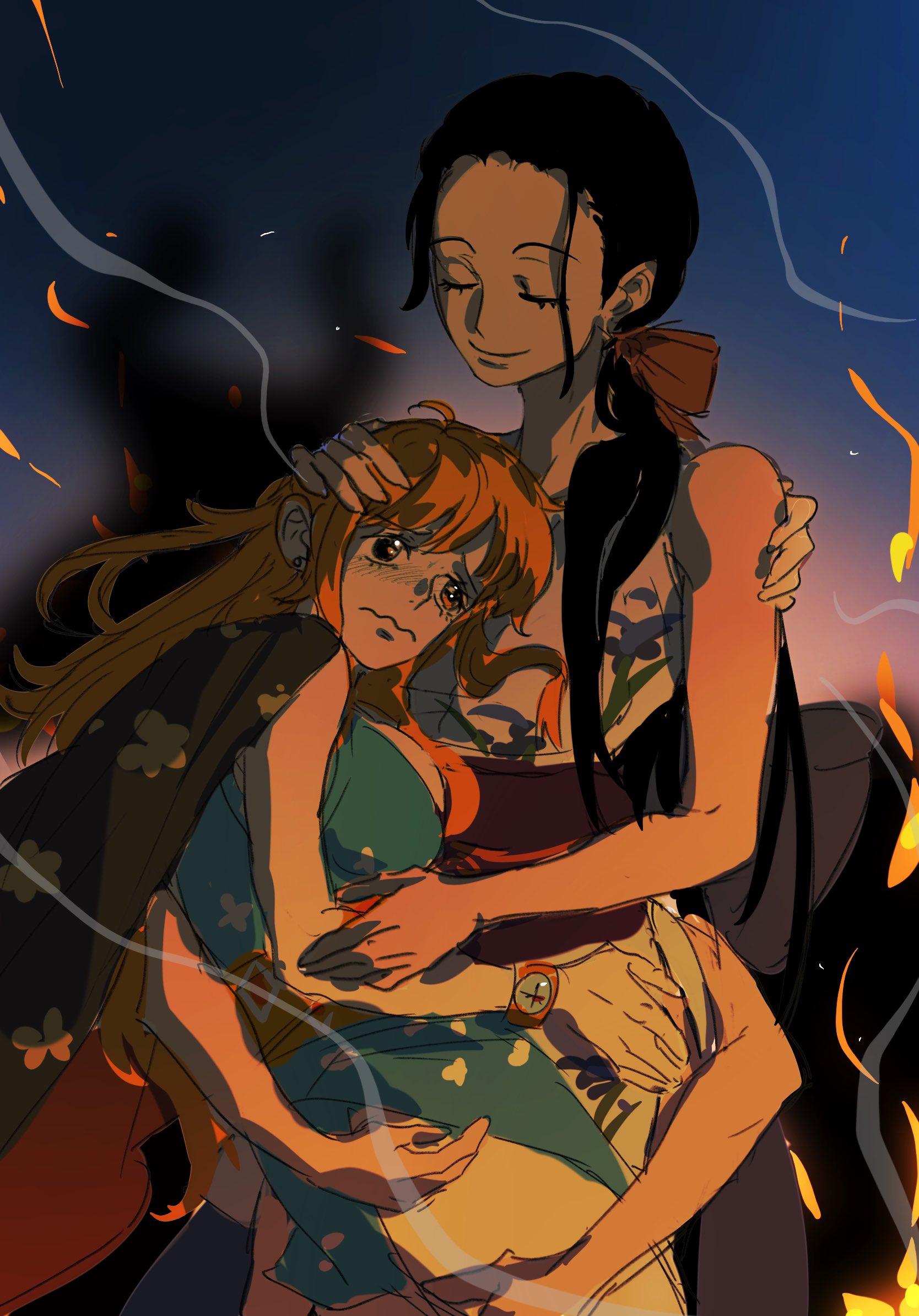 mrjieshisu, nami (one piece), nico robin, one piece, hashtag-only commentary, highres, 2girls, black hair, blue kimono, closed eyes, embers, extra arms, haori on shoulders, hug, japanese clothes, kimono, long hair, multiple girls, obi, orange hair, ponytail, sash, sleeveless, sleeveless kimono, tears