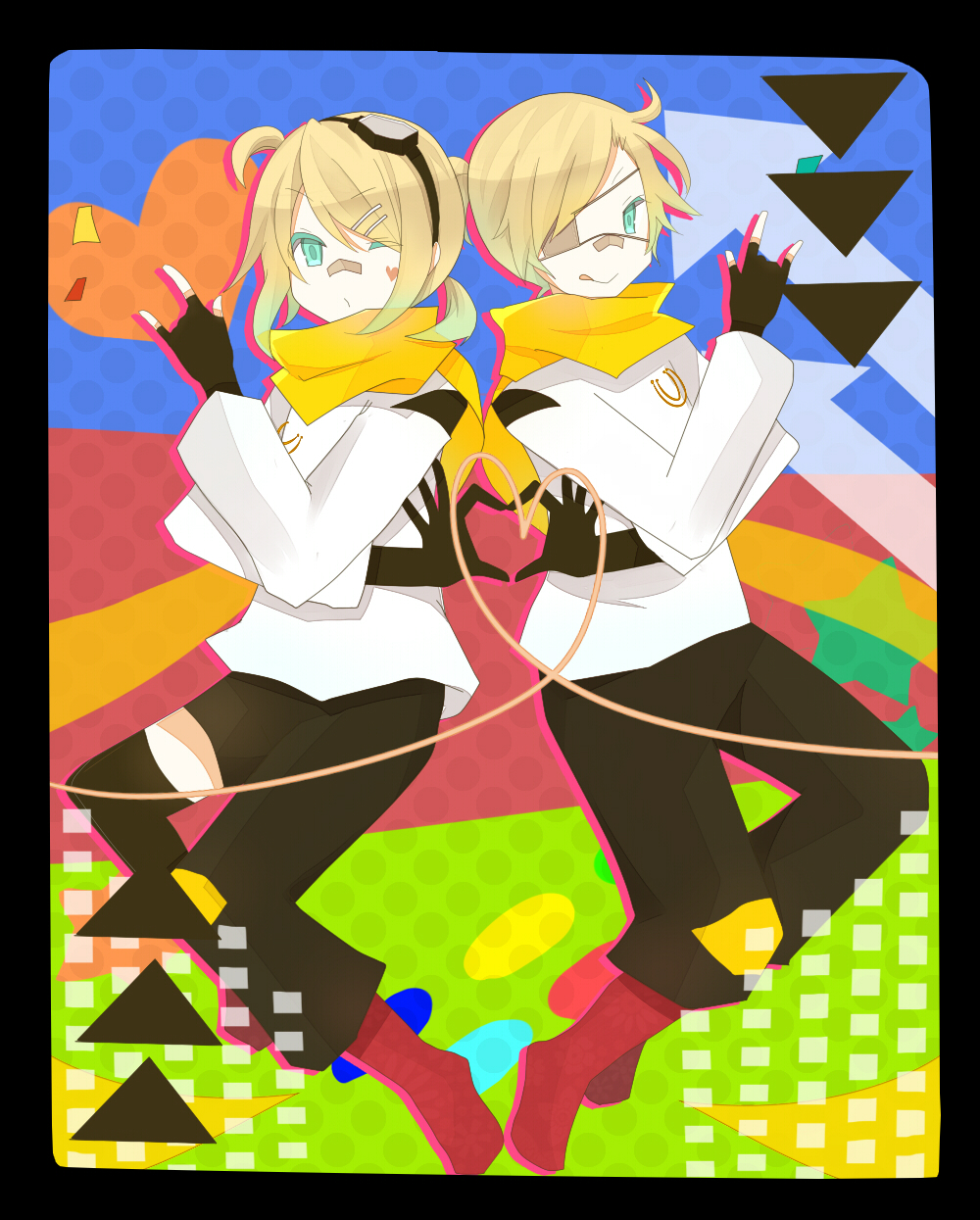 kagamine len, kagamine rin, vocaloid, commentary request, highres, 1boy, 1girl, m/, bandaid, bandaid on face, bandaid on nose, black gloves, black pants, blonde hair, closed mouth, cowl, eyepatch, facial mark, gloves, grey eyes, hair ornament, hairclip, hand up, heart, heart facial mark, heart hands, key271, long sleeves, multiple girls, pants, ponytail, red shoes, rin len uchuu touzokudan, scarf, shirt, shoes, short hair, short ponytail, tongue, tongue out, white shirt, yellow scarf