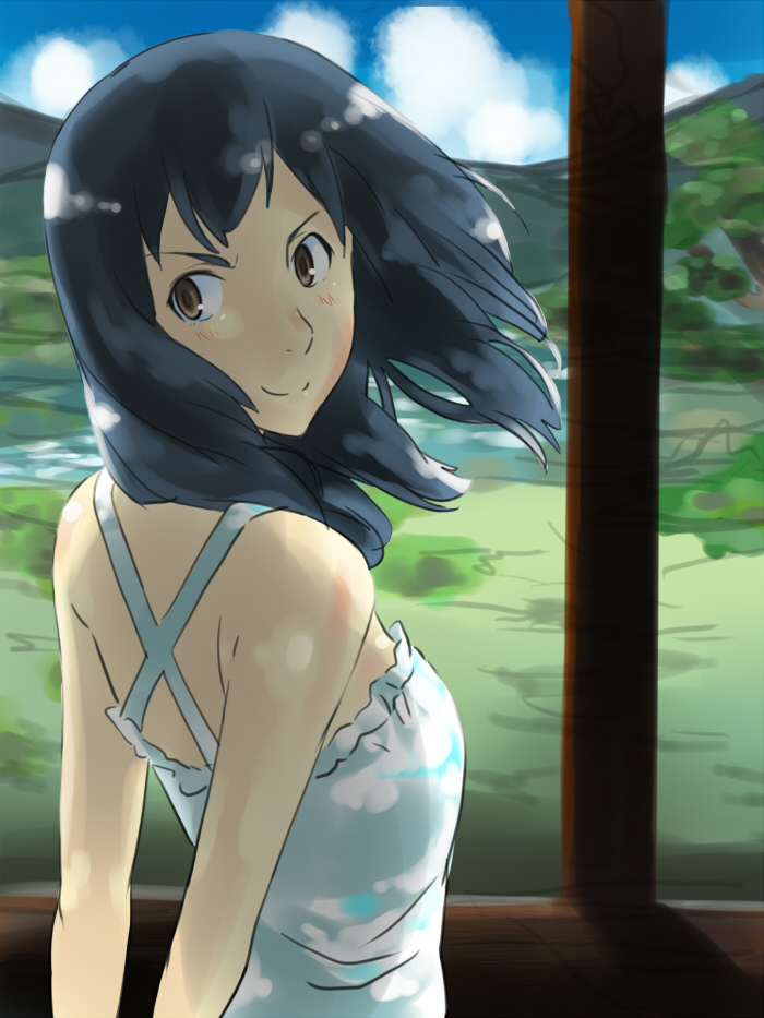 mas (5734ghji), shinohara natsuki, summer wars, 00s, 1girl, black hair, blue eyes, day, dress, female focus, looking back, nature, outdoors, scenery, sky, solo, sundress