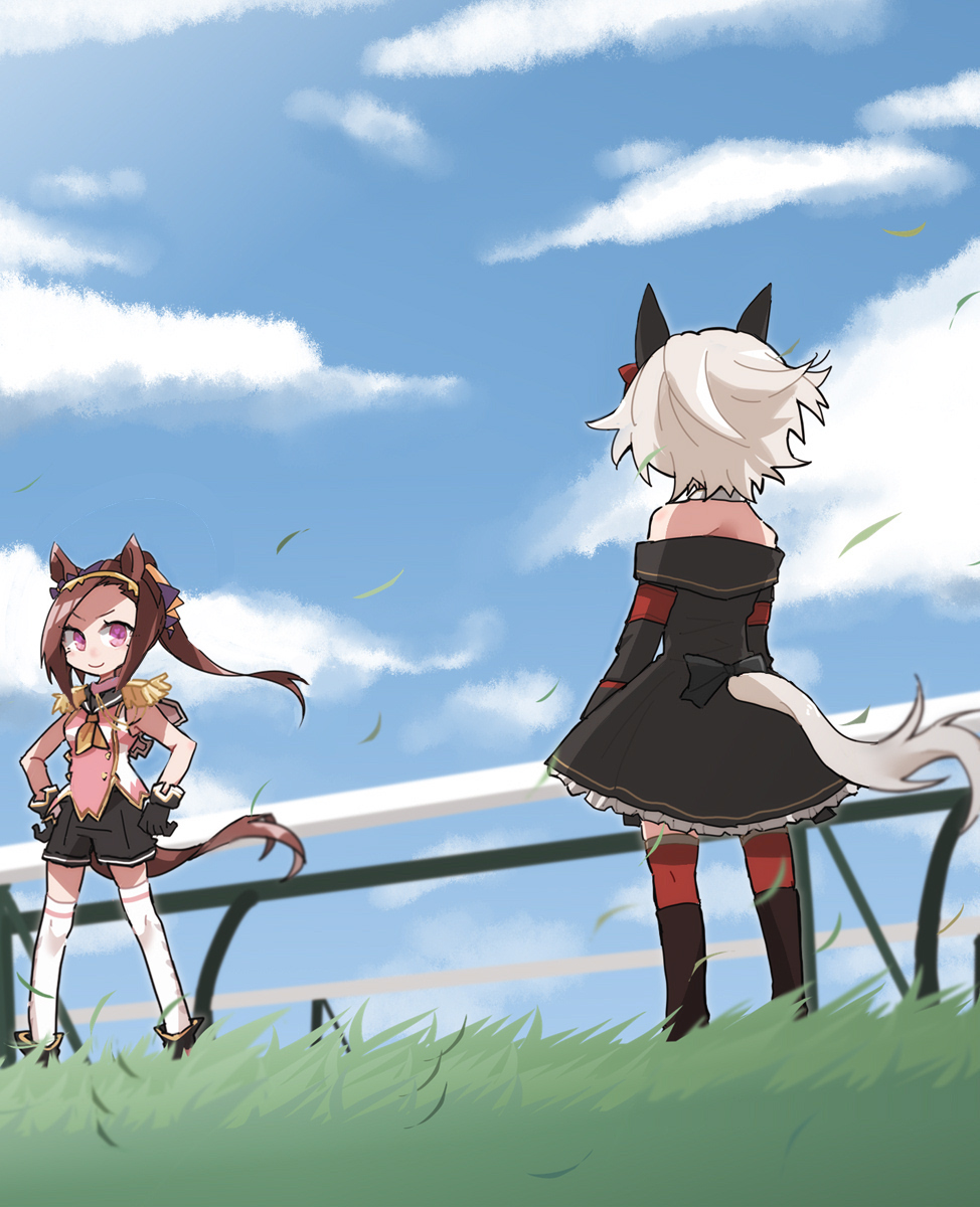 beer hsk, curren chan (fille eclair) (umamusume), curren chan (umamusume), sakura bakushin o (blossom in learning) (umamusume), sakura bakushin o (umamusume), umamusume, commentary request, highres, >:), 2girls, animal ears, bare shoulders, black boots, black jacket, black shorts, blue sky, boots, bow, closed mouth, cloud, day, ear bow, epaulettes, flower-shaped pupils, grass, grey hair, horse ears, horse girl, horse tail, jacket, knee boots, long hair, multiple girls, off-shoulder jacket, off shoulder, outdoors, pink shirt, ponytail, purple eyes, red bow, red thighhighs, shirt, shorts, sky, smile, standing, symbol-shaped pupils, tail, thighhighs, thighhighs under boots, v-shaped eyebrows, very long hair, white thighhighs