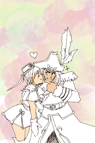freed velez, olivia von roselia, arc system works, battle fantasia, lowres, 1boy, 1girl, belt, closed eyes, coat, couple, feathers, gloves, grabbing another's chin, hand on another's chin, hat, heart, hetero, imminent kiss, kiss, monochrome, pirate, pirate hat, princess, short hair, sketch, smile, standing, thighhighs, trench coat, zettai ryouiki