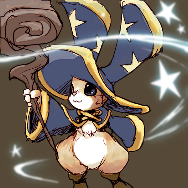 watson livingston, arc system works, battle fantasia, animal, animal ears, animal focus, boots, chibikemo, furry, hat, rabbit, rabbit ears, solo, staff, wizard, wizard hat