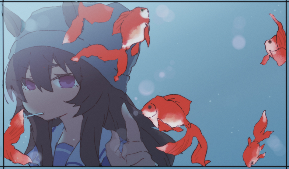 beer hsk, nakayama festa (umamusume), umamusume, commentary request, fish request, 1girl, animal, animal ears, beanie, brown hair, closed mouth, ears through headwear, fish, grey hat, hair between eyes, hand up, hat, horse ears, long hair, purple eyes, purple shirt, school uniform, shirt, solo, tracen school uniform, upper body, water