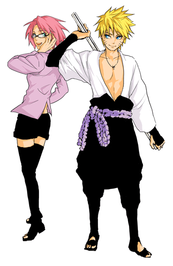 ayako 09, haruno sakura, karin (naruto), uchiha sasuke, uzumaki naruto, naruto (series), naruto shippuuden, 1boy, 1girl, blue eyes, cosplay, glasses, karin (naruto) (cosplay), pink hair, short hair, sword, thighhighs, uchiha sasuke (cosplay), weapon