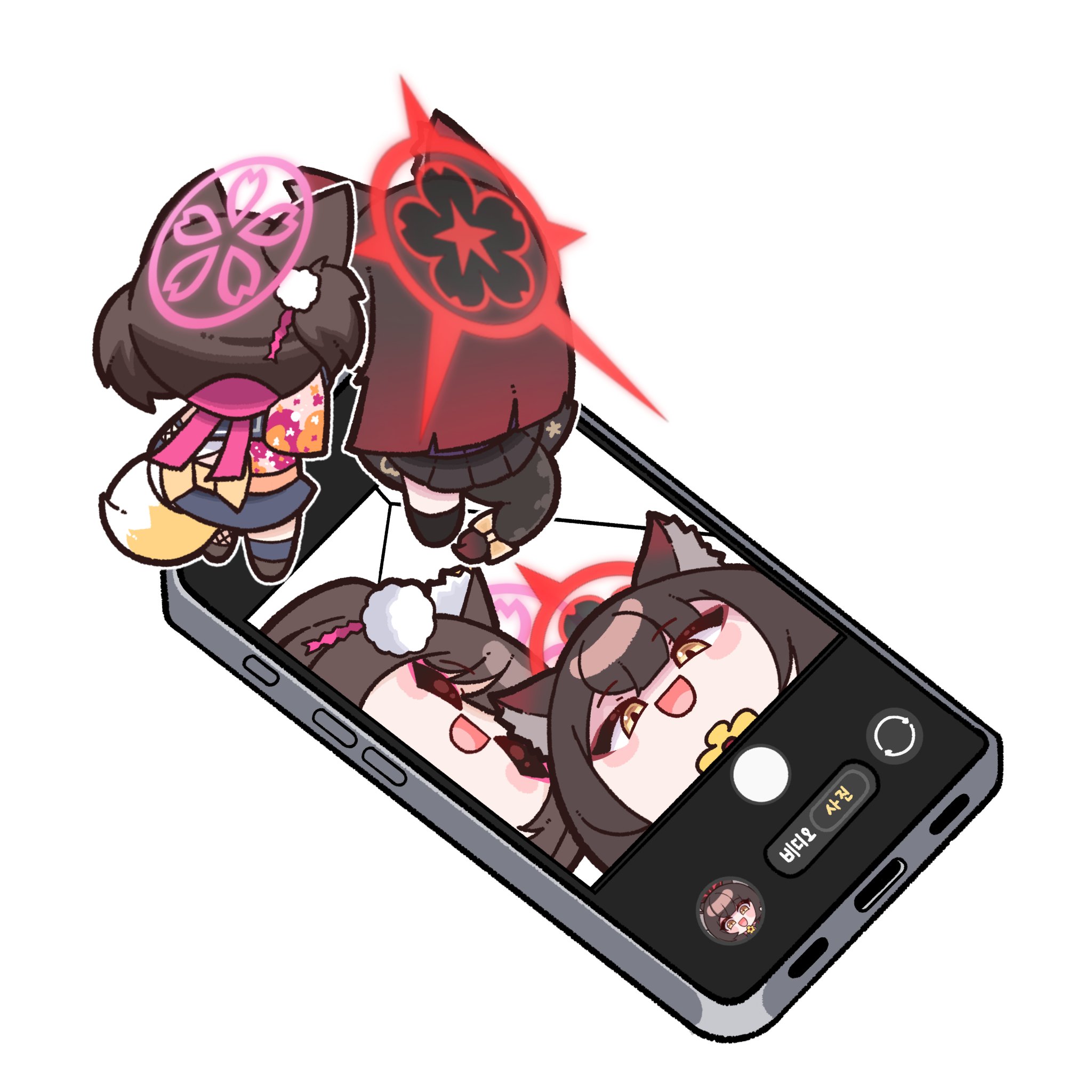 izuna (blue archive), wakamo (blue archive), blue archive, commentary request, highres, korean commentary, 2girls, :d, animal ears, brown hair, cellphone, closed eyes, figures taking selfie (meme), fox ears, fox girl, fox tail, gradient hair, hair ornament, halo, meme, mini person, minigirl, multicolored hair, multiple girls, open mouth, phone, pom pom (clothes), pom pom hair ornament, ppodol0905, red hair, selfie, simple background, smartphone, smile, tail, taking picture, white background, yellow eyes