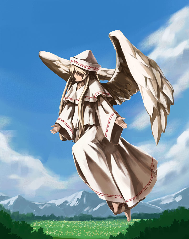 hirosato, lily white, touhou, 1girl, capelet, closed eyes, cloud, day, female focus, flying, hat, long hair, mountain, outstretched arms, sky, solo, wings