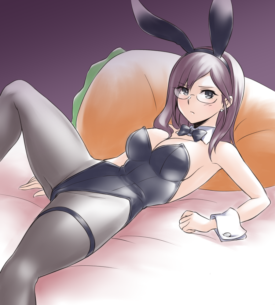 pataneet, yagami makino, idolmaster, idolmaster cinderella girls, commentary request, 1girl, animal ears, black bow, black bowtie, black leotard, black pantyhose, bow, bowtie, breasts, brown hair, carrot, detached collar, glasses, grey-framed eyewear, leotard, long hair, looking at viewer, medium breasts, pantyhose, pillow, playboy bunny, purple eyes, rabbit ears, semi-rimless eyewear, solo, strapless, strapless leotard, thigh strap, under-rim eyewear, wrist cuffs