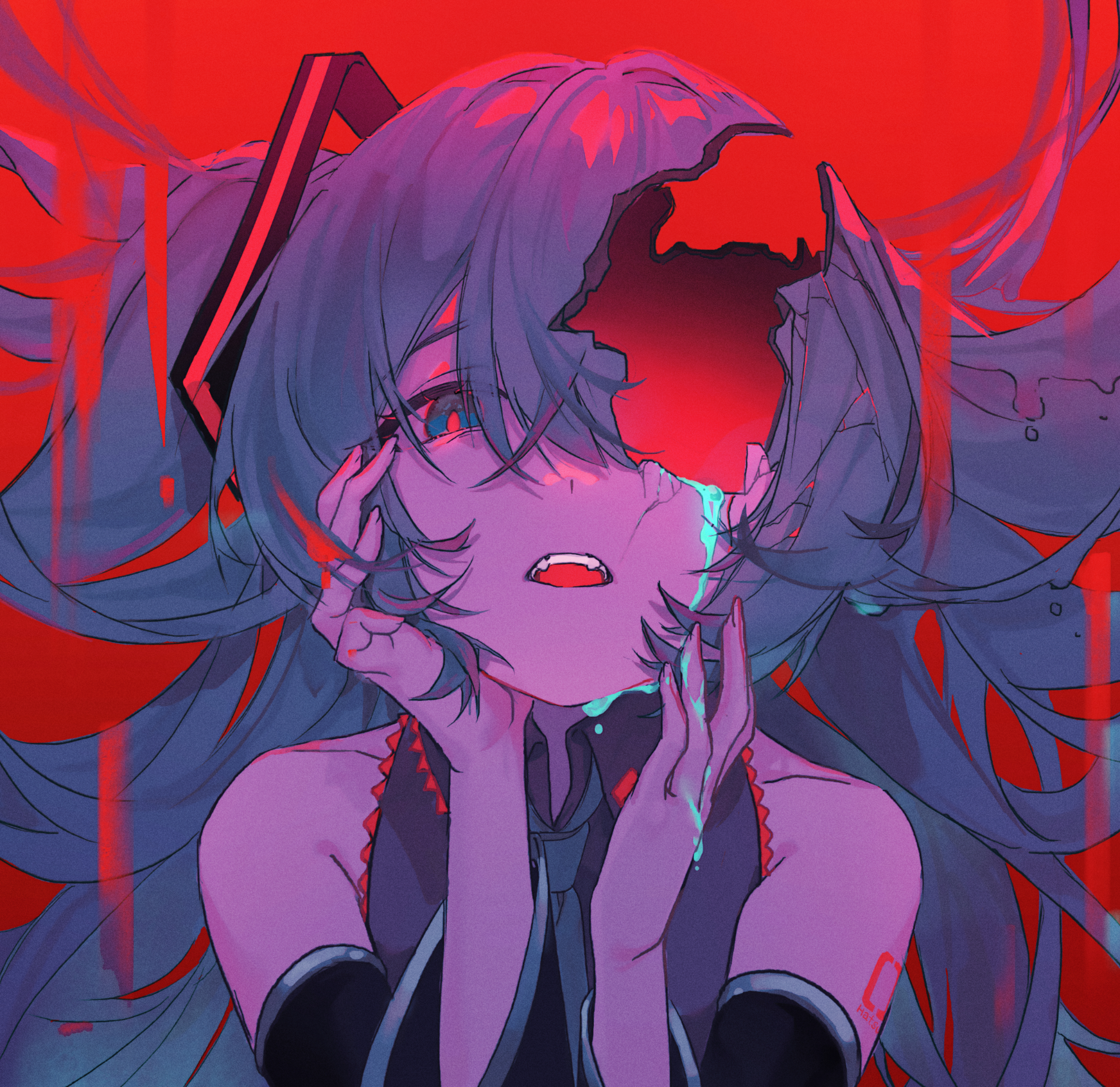 youtuanzi, hatsune miku, vocaloid, absurdres, commentary, highres, 1girl, aqua eyes, aqua hair, aqua necktie, cracked skin, crying, detached sleeves, long hair, necktie, number tattoo, solo, streaming tears, tattoo, tears