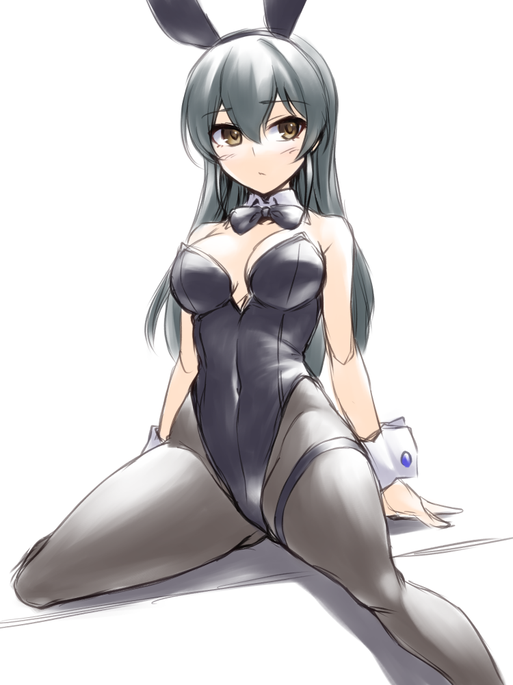 pataneet, ohishi izumi, idolmaster, idolmaster cinderella girls, commentary request, 1girl, animal ears, black bow, black bowtie, black hair, black leotard, black pantyhose, bow, bowtie, breasts, brown eyes, detached collar, leotard, long hair, looking at viewer, medium breasts, pantyhose, playboy bunny, rabbit ears, simple background, sitting, solo, strapless, strapless leotard, thigh strap, white background, wrist cuffs