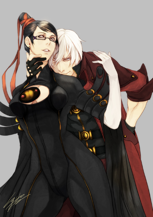 hiryuu, bayonetta, dante (devil may cry), bayonetta (series), bayonetta 1, capcom, devil may cry (series), 1boy, 1girl, black hair, blue eyes, bodysuit, cleavage cutout, clothing cutout, coat, couple, creator connection, crossover, earrings, fingerless gloves, glasses, gloves, hair bun, hetero, hip focus, jewelry, long hair, red ribbon, ribbon, short hair, simple background, single hair bun, trench coat, very long hair, white hair, wide hips, yellow eyes