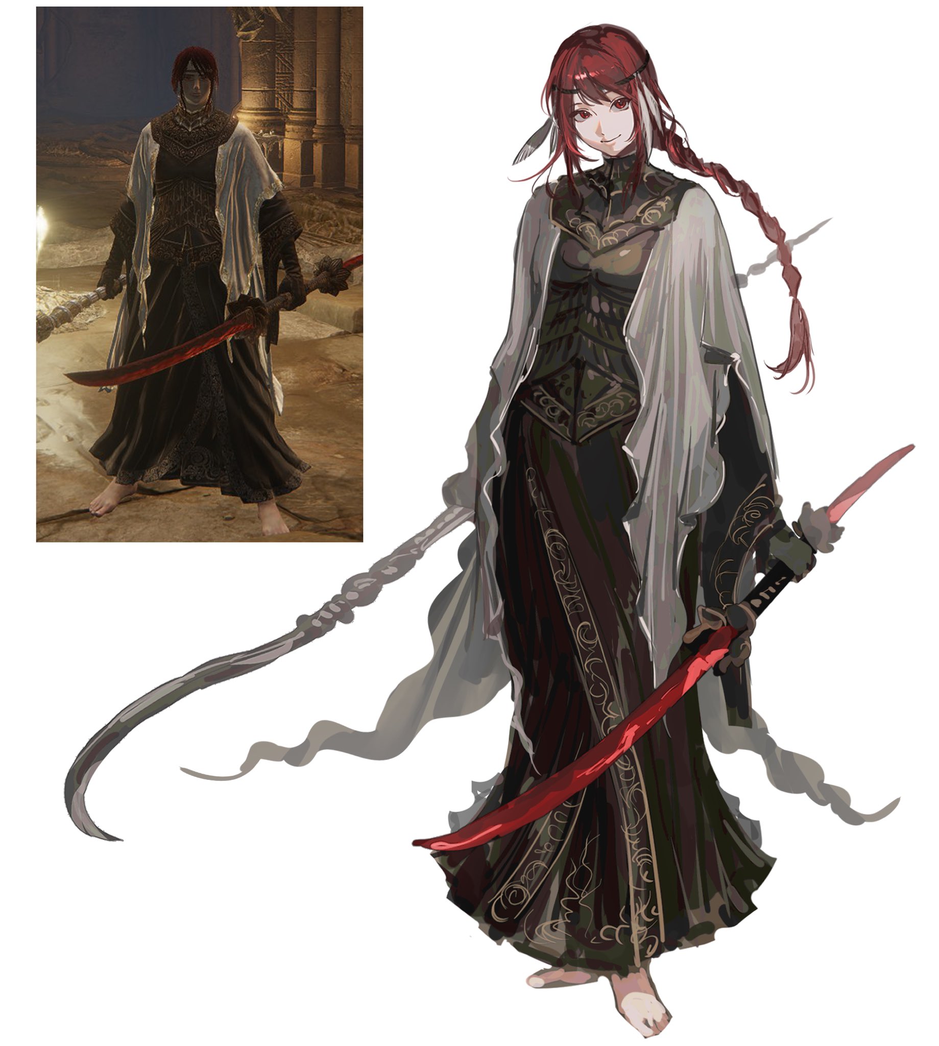 hanny (uirusu chan), tarnished (elden ring), elden ring, original, commentary, english commentary, highres, 1girl, armor, barefoot, black gloves, braid, breastplate, cape, closed mouth, dual wielding, feather hair ornament, feathers, full body, game screenshot inset, gloves, hair ornament, hanneli (hanny), holding, holding weapon, long hair, red eyes, red hair, reference inset, screenshot inset, simple background, smile, solo, toes, weapon, white background, white cape, wide sleeves