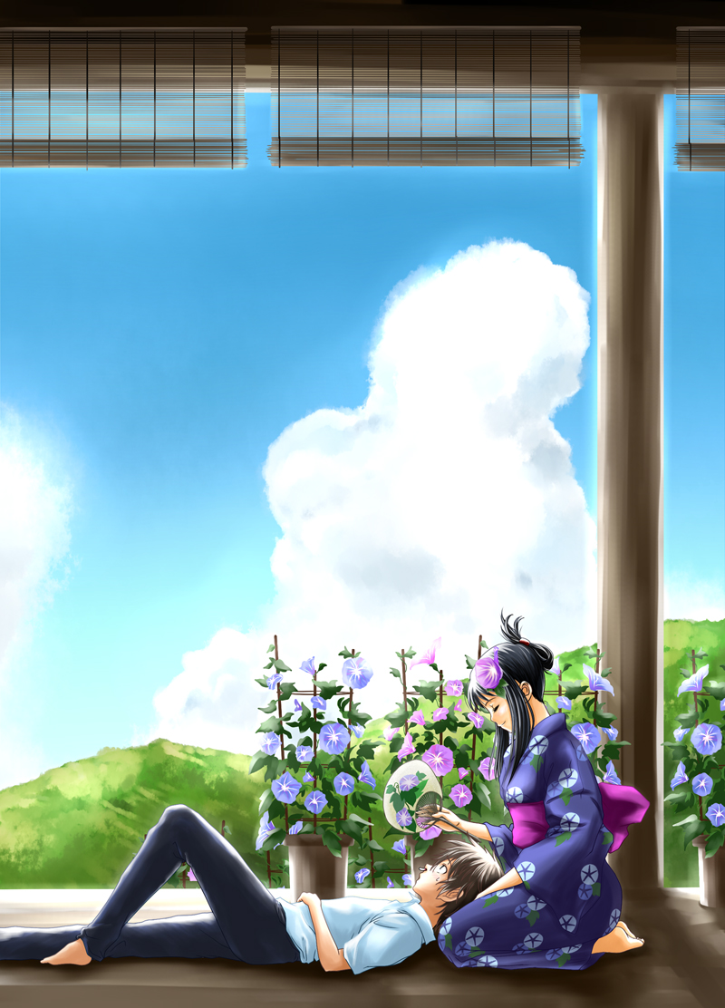 osuzu akiomi, koiso kenji, shinohara natsuki, summer wars, 00s, 1boy, 1girl, barefoot, black hair, blood, brown hair, cloud, couple, day, flower, hair flower, hair ornament, hand fan, hetero, japanese clothes, kimono, lap pillow, lying, morning glory, nosebleed, on back, paper fan, porch, profile, seiza, sitting, sky, uchiwa, veranda