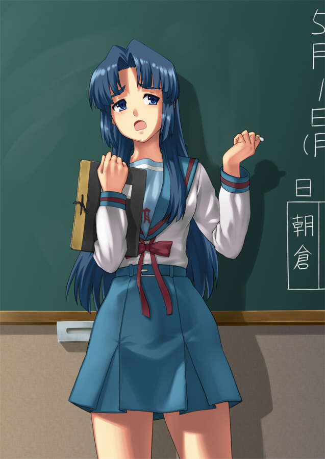 gonoike biwa, asakura ryoko, suzumiya haruhi no yuuutsu, bad id, bad pixiv id, 1girl, blue eyes, blue hair, book, bow, chalk, chalkboard, female focus, indoors, long hair, matching hair/eyes, open mouth, school uniform, serafuku, solo