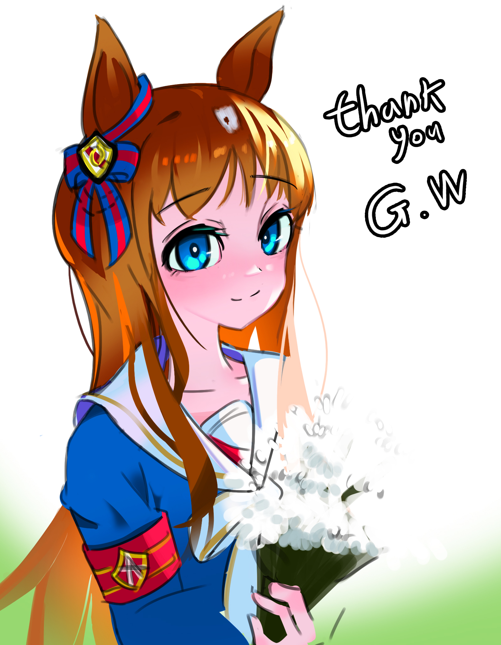 grass wonder (umamusume), umamusume, commentary, highres, 1girl, animal ears, armband, blue eyes, blue ribbon, blue shirt, bouquet, bow, brown hair, closed mouth, ear ribbon, flower, holding, holding bouquet, horse ears, horse girl, jukcok9898, long hair, red armband, red ribbon, ribbon, sailor collar, shirt, smile, solo, split mouth, two-tone ribbon, very long hair, white sailor collar