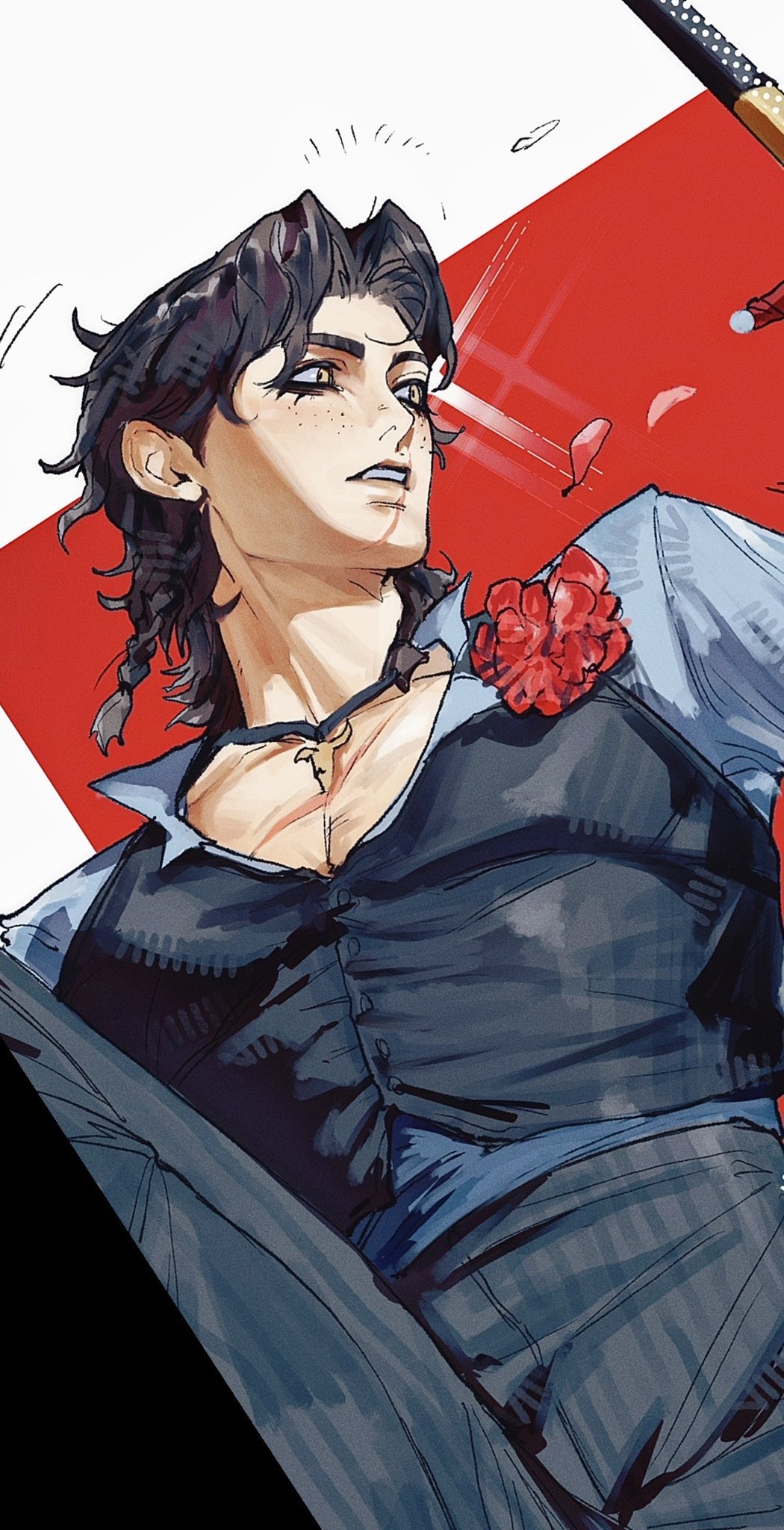 shu0718, identity v, highres, 1boy, black hair, flower, hernando romero, male focus, rose, solo, yellow eyes