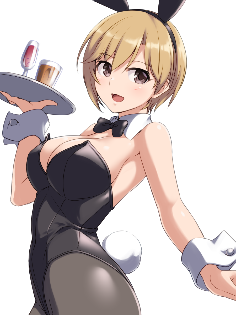pataneet, aiba yumi, idolmaster, idolmaster cinderella girls, commentary request, highres, 1girl, animal ears, black leotard, black pantyhose, blonde hair, bow, bowtie, breasts, brown eyes, cleavage, cowboy shot, cup, detached collar, drinking glass, large breasts, leotard, looking at viewer, pantyhose, playboy bunny, rabbit ears, rabbit tail, short hair, simple background, solo, strapless, strapless leotard, tail, tray, white background, wine glass, wrist cuffs
