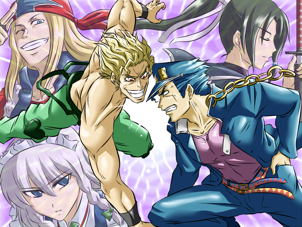 kanno takanori, axl low, dio brando, izayoi sakuya, kuujou joutarou, tokinomiya kamui, aq interactive, arc system works, arcana heart, atlus, examu, guilty gear, jojo no kimyou na bouken, m.u.g.e.n, touhou, 2girls, 3boys, alternate costume, chain, crossover, eye contact, gakuran, katana, looking at another, maid, multiple boys, multiple crossover, multiple girls, power connection, school uniform, sword, vampire, weapon