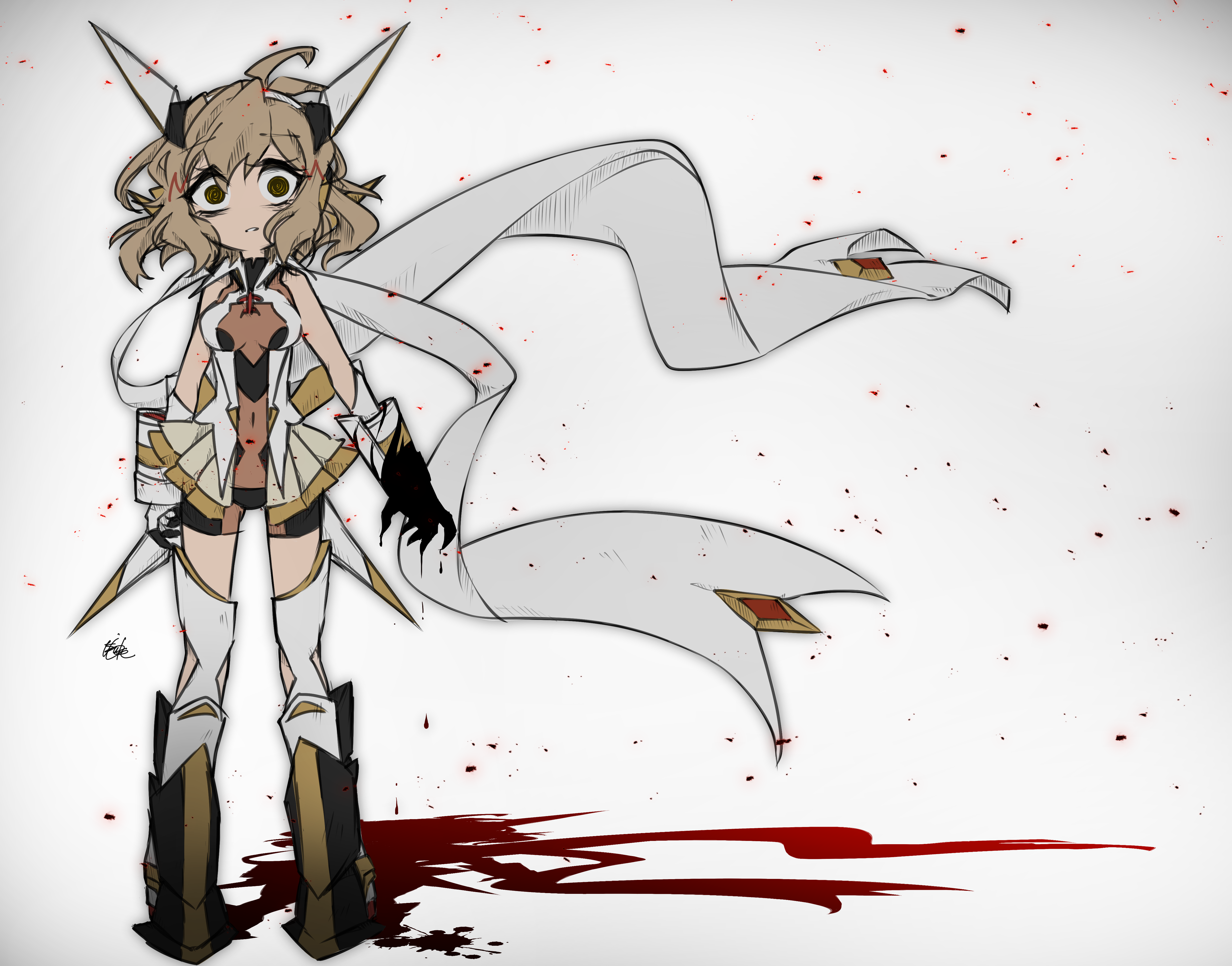 tachibana hibiki (symphogear), senki zesshou symphogear, absurdres, commentary request, highres, 1girl, ahoge, bags under eyes, black gloves, bodysuit, boots, breasts, brown eyes, brown hair, brown skirt, full body, gloves, headgear, jacket, looking at viewer, medium breasts, nisuke, parted lips, scarf, shadow, short hair, skirt, sleeveless, solo, straight-on, white background, white jacket, white scarf, wide-eyed